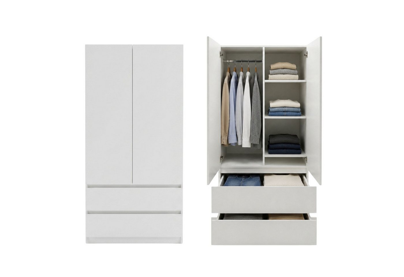 Home Collective Mehrzweckschrank Schrank Kleiderschrank Aktenschrank Hochschrank 2-türig 2 Schubladen (Garderobenschrank, Universalschrank Flur, Büro oder Schlafzimmer) 90x50x180 cm, robust & vielseitig, viel Stauraum Weiß