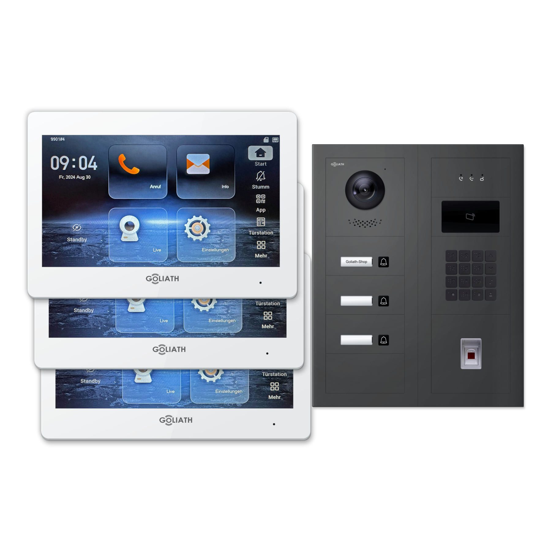 Goliath Intercom Video-Türsprechanlage Premium IP Set für 3 Familien – Fingerprint/Zahlencode/RFID (Set)