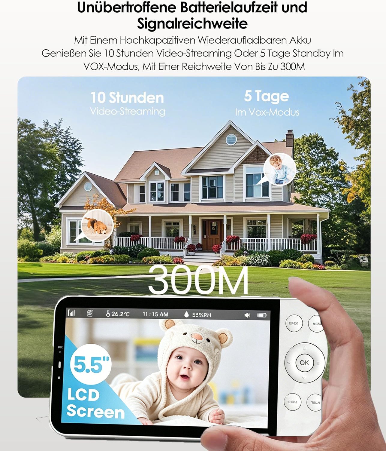TWUFY Babyphone Babyphone mit Kamera 2.5K & 5.5-Zoll-HD-Großbildschirm Nachtsicht, unterstützt 2,4 GHz und 5 GHz, 1-tlg., 360° WLAN Video Babyfon mit App, Musik – Bild 4 von 5