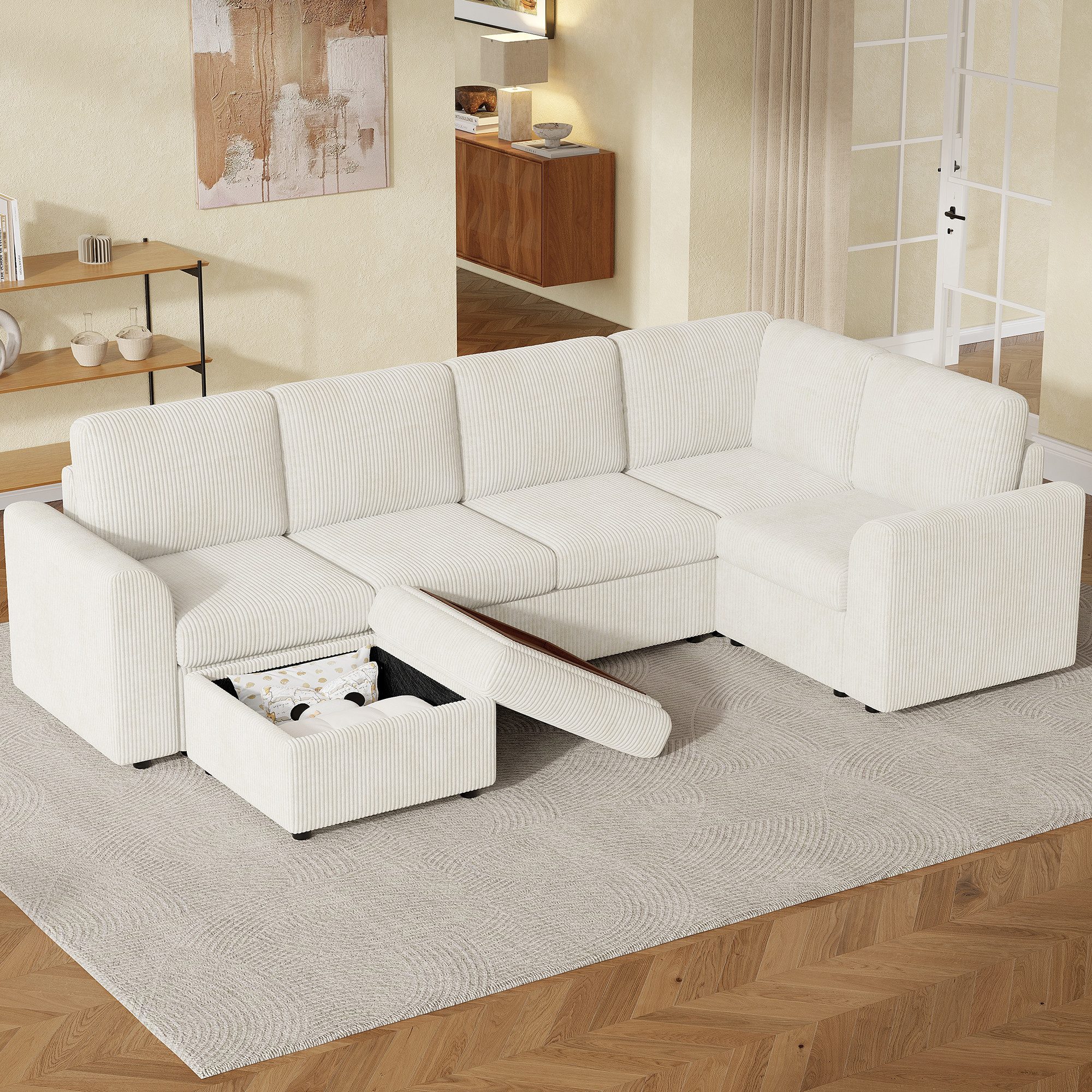 Flieks Ecksofa L-förmig inkl. beweglicher multifunktionaler Hocker mit Stauraum, Hocker mit umklappbaren Deckel als Couchtisch, L282/T153/H85 cm, 6-Sitzer Sofa mit Schlaffunktion Eckcouch Beige, Corduroystoff