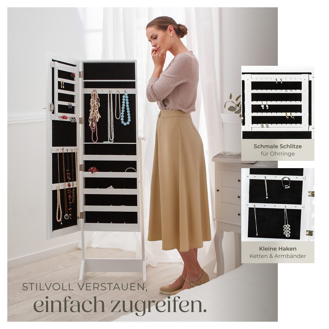 tectake Standspiegel Schmuckschrank mit Ganzkörperspiegel, mit Flocksamtauskleidung (Schmuckständer, in weiß), aufgeteilter Innenraum mit Haken, Schlitzen und L – Bild 4 von 5