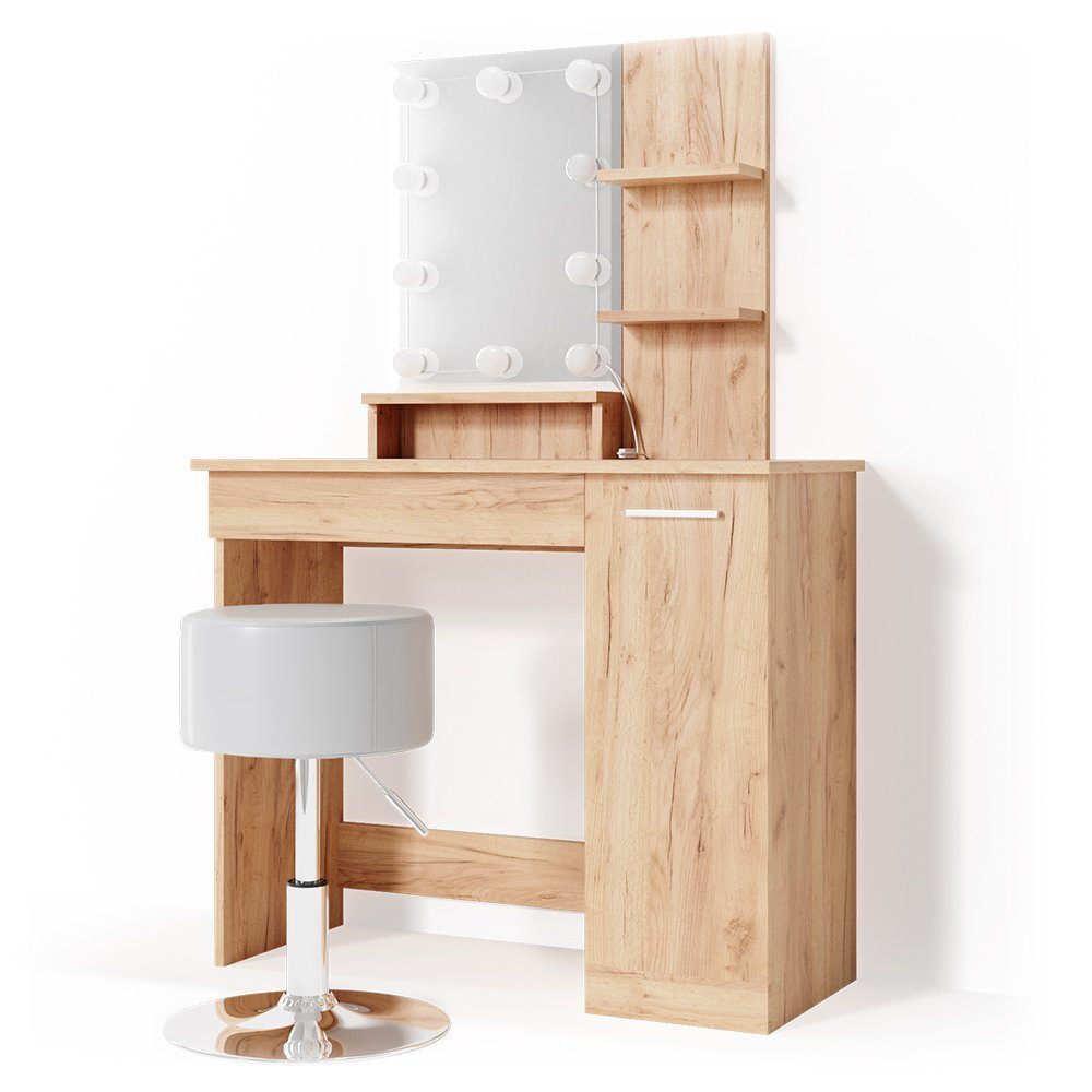 Vicco Schminktisch Julia, Goldkraft Eiche, 90 cm mit LED Beleuchtung und Hocker