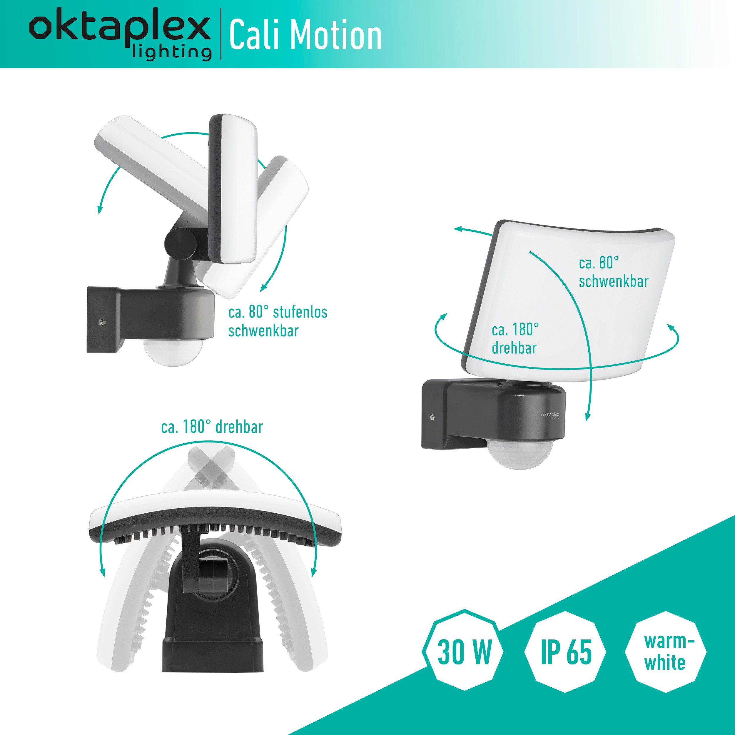 Oktaplex lighting LED Außen-Wandleuchte Cali Außenstrahler mit Bewegungsmelder IP65 10m / 240 Grad, PIR-Sensor; dreh- und schwenkbar, inklusive Leuchtmittel, warmweiß, 3000K 2200lm LED Strahler 30W anthrazit