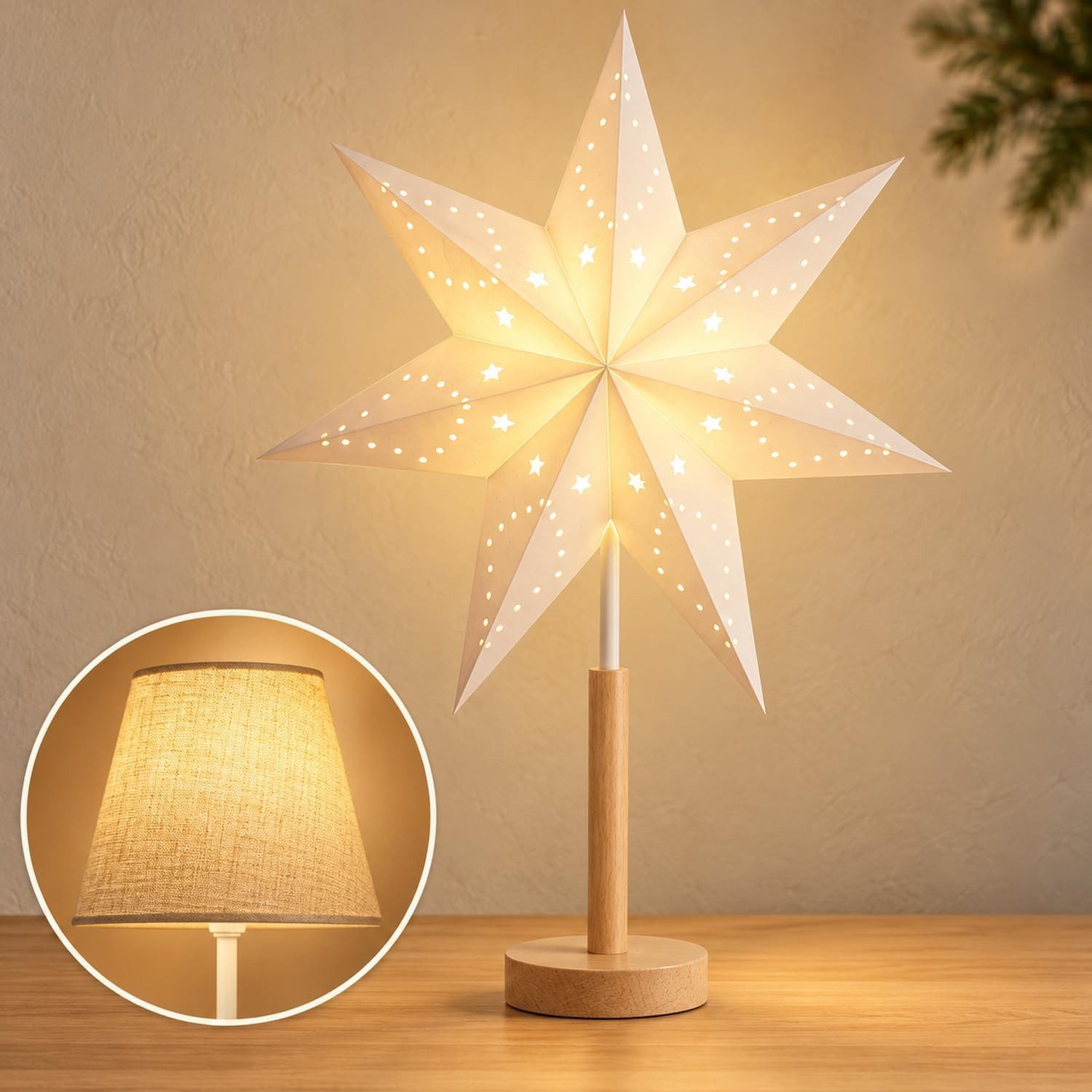 Salcar Papierstern LED Stern Beleuchtet Weihnachtsstern Tischlampe Sternenleuchte Lampe, 2 Lampenschirme (Weihnachtsstern / Vintage-Stil verwendbar)
