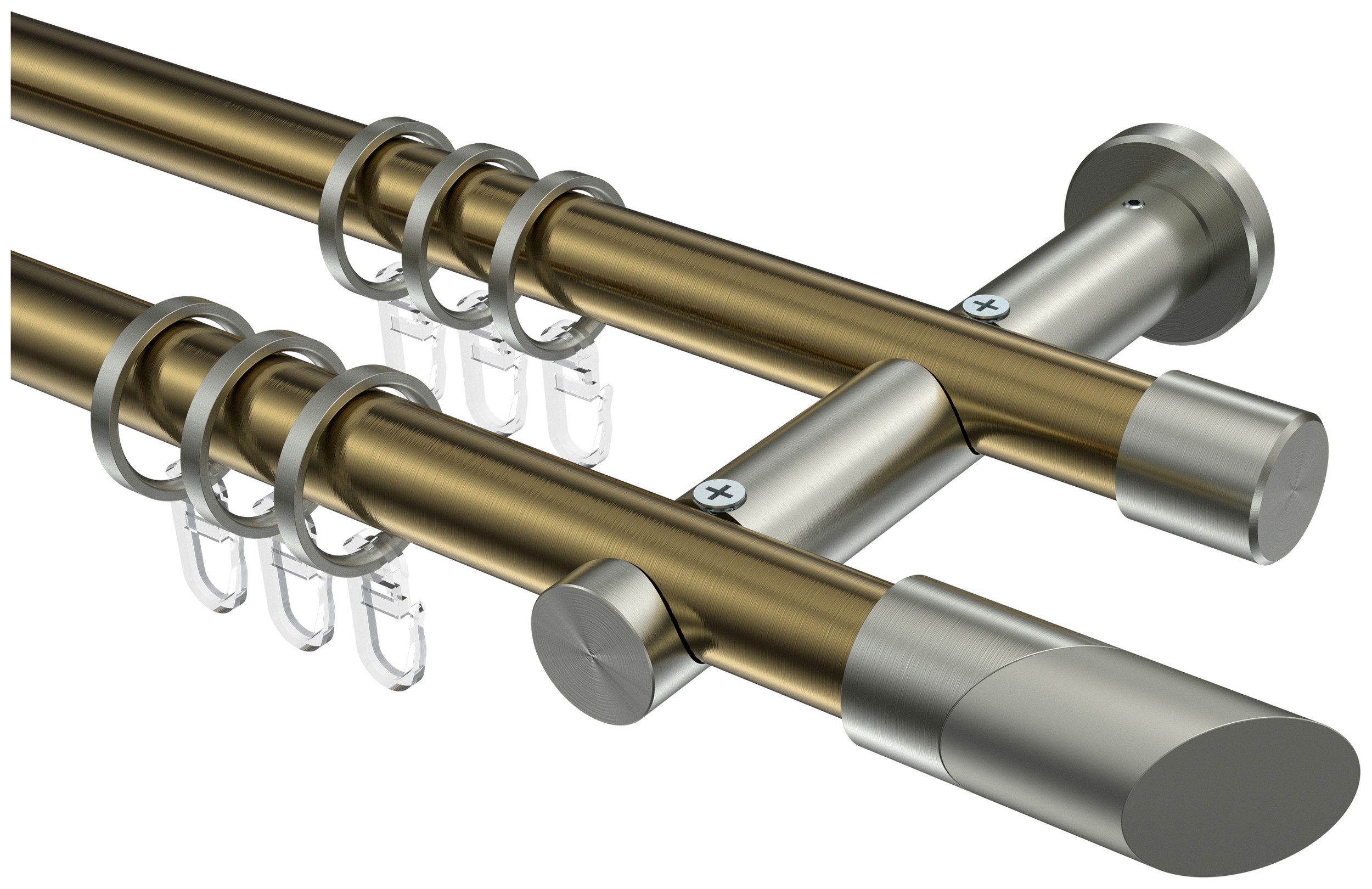 INTERDECO Gardinenstange Platon Verano, Ø 20 mm, 2-läufig, Fixmaß, kürzbar, Wandmontage, Metall, Messing Antik / Edelstahl-Optik / Bicolor