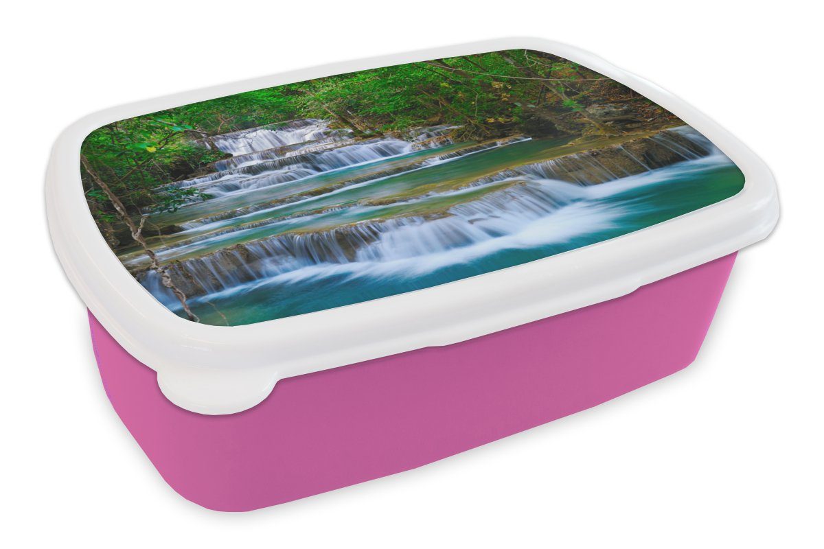 MuchoWow Lunchbox Wasserfall - Bäume - Natur - Dschungel, Kunststoff, (2-tlg), Brotbox für Erwachsene, Brotdose Kinder, Snackbox, Mädchen, Kunststoff rosa | Lunchboxen