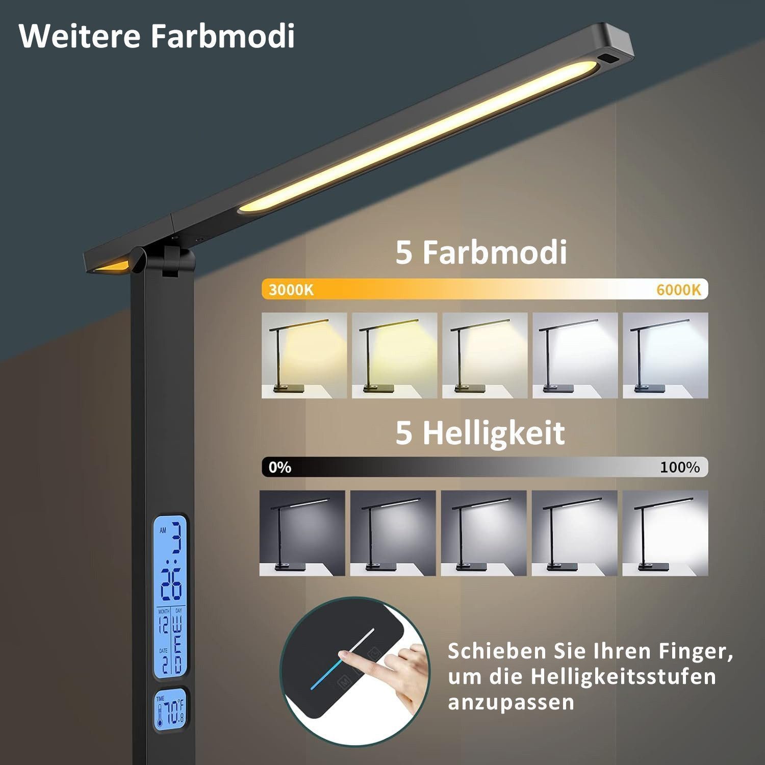 Toomoke LED Schreibtischlampe LED fest integriert,LED Tischlampe Dimmbar,3 Lichtfarben & dimmbar, kabelloses Laden, USB-Ladefunktion, 3 Farbtemperaturmodi und 5 Helligkeitsstufen, Temperatur-, Alarm- & Kalenderfunktion