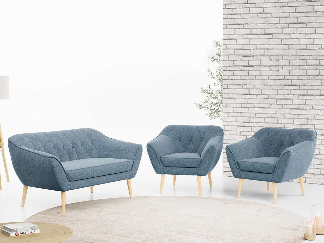 MKS MÖBEL Sofa PIRS 2 1 1, Moderne Sofa Set, Skandinavische Deko, Pirs Loungesofa und Zwei Sessels Blau Matana