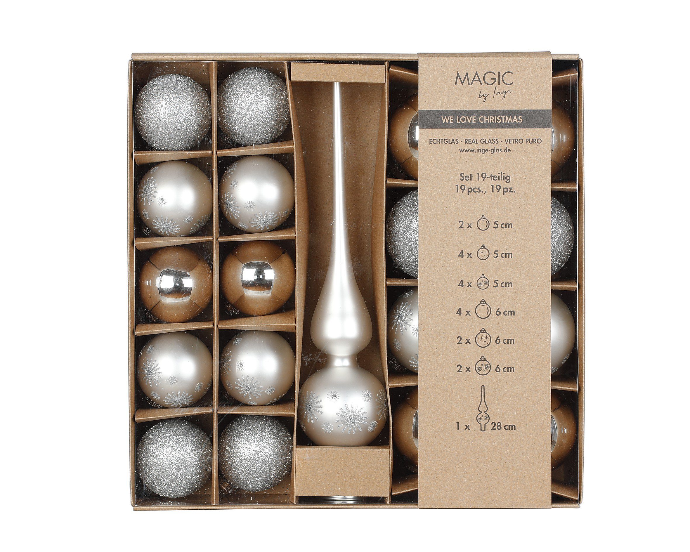 MAGIC by Inge Weihnachtsbaumkugel, Weihnachtskugeln Glas mit Motiv und Spitze 19er Set - Frosty Silver