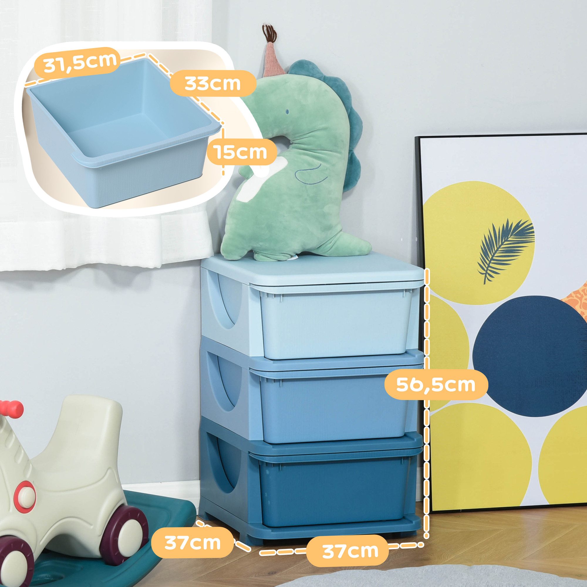 HOMCOM Spielzeugtruhe Schubladenschrank mit Stauraum, Spielzeugkiste, drei Ebenen (Spielzeug-Organizer, 1 St., Aufbewahrungsboxen), für Kinderzimmer 3-6 Jahre Kindermöbel Blau 37 x 37 x 56,5 cm