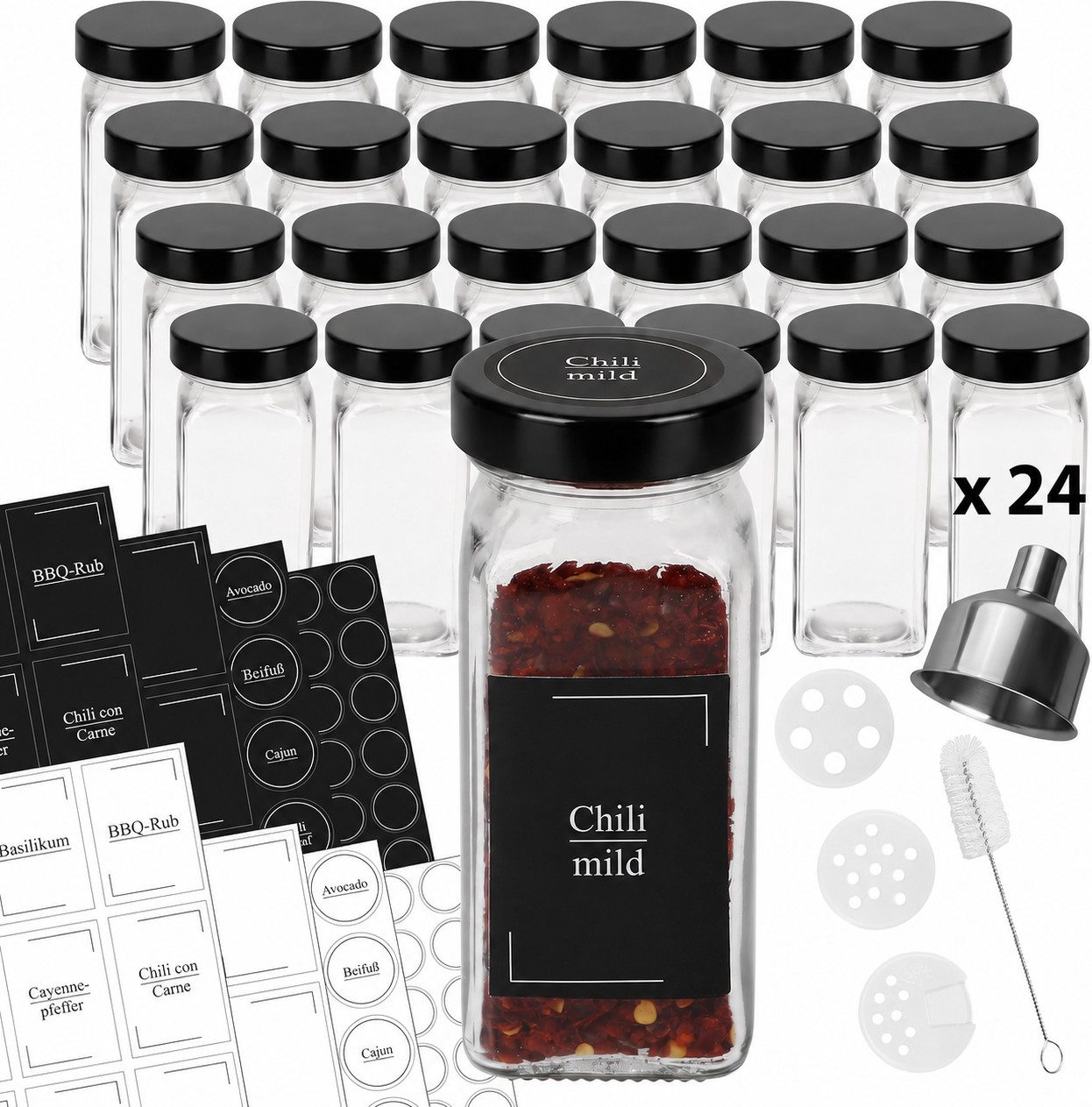 VonBueren Gewürzstreuer Gewürzgläser Set, eckig leer, 120 ml, Edelstahldeckel schwarz, (24-tlg), schwarze Edelstahldeckel, Streueinsätze, individuell beschriftbar