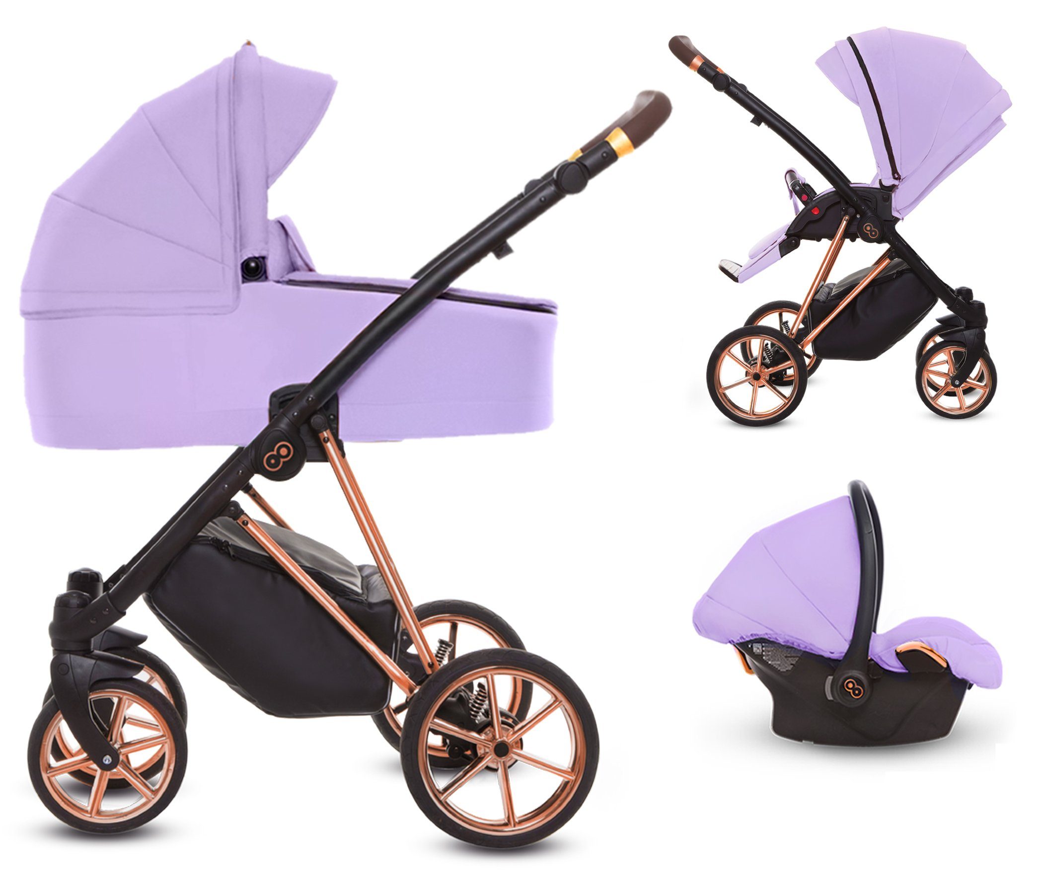 TPFFamily Kombi-Kinderwagen 3 in 1 Musse Ultra, Baby Buggy Babywanne Autositz, großes Zubehör-Set Kinderwagen 3 in 1 Stoff Lila, Gestell Rosé Gold