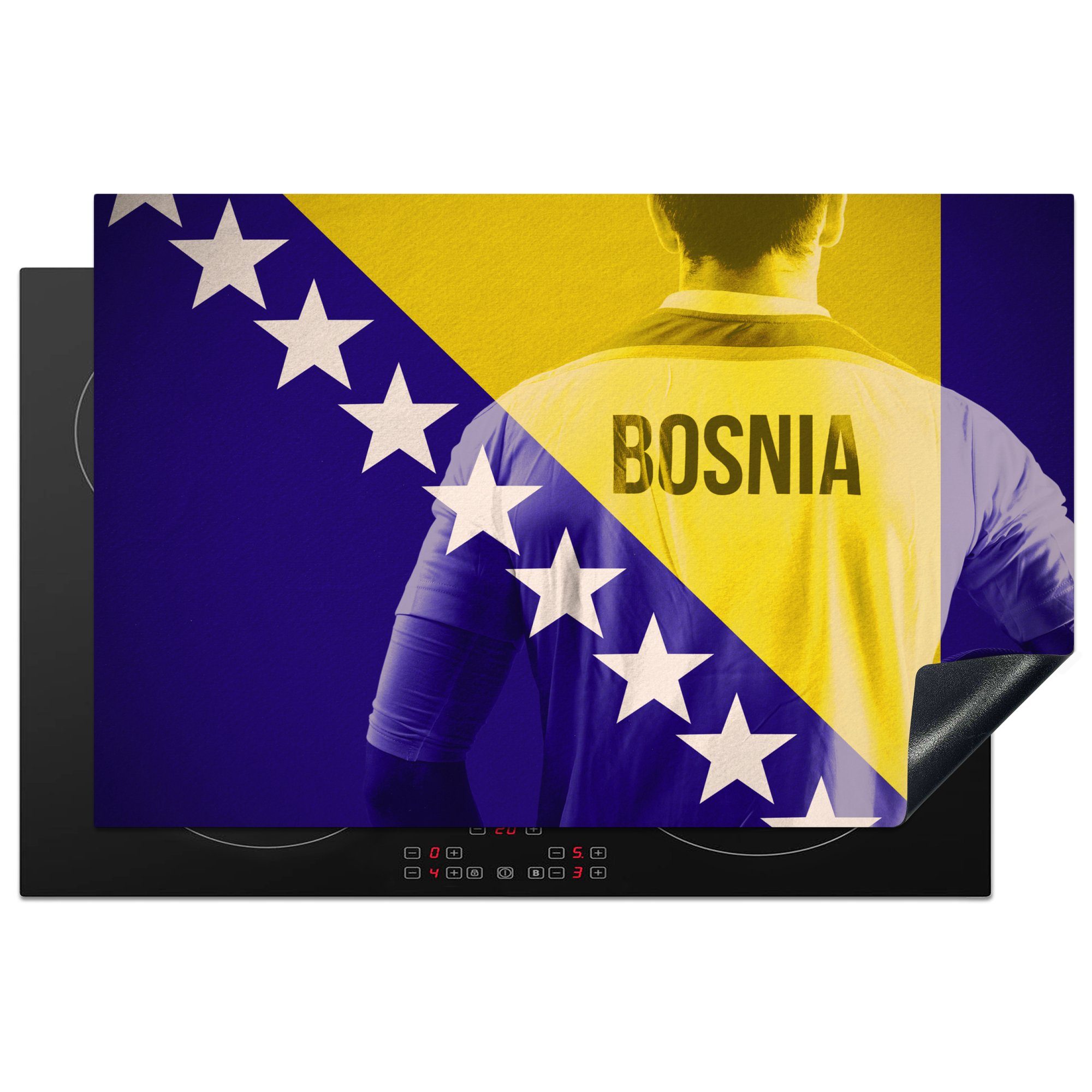 MuchoWow Herdblende-/Abdeckplatte Fußballspieler hinter der Flagge von Bosnien und Herzegowina, Vinyl, (1 tlg), 81x52 cm, Induktionskochfeld Schutz für die küche, Ceranfeldabdeckung