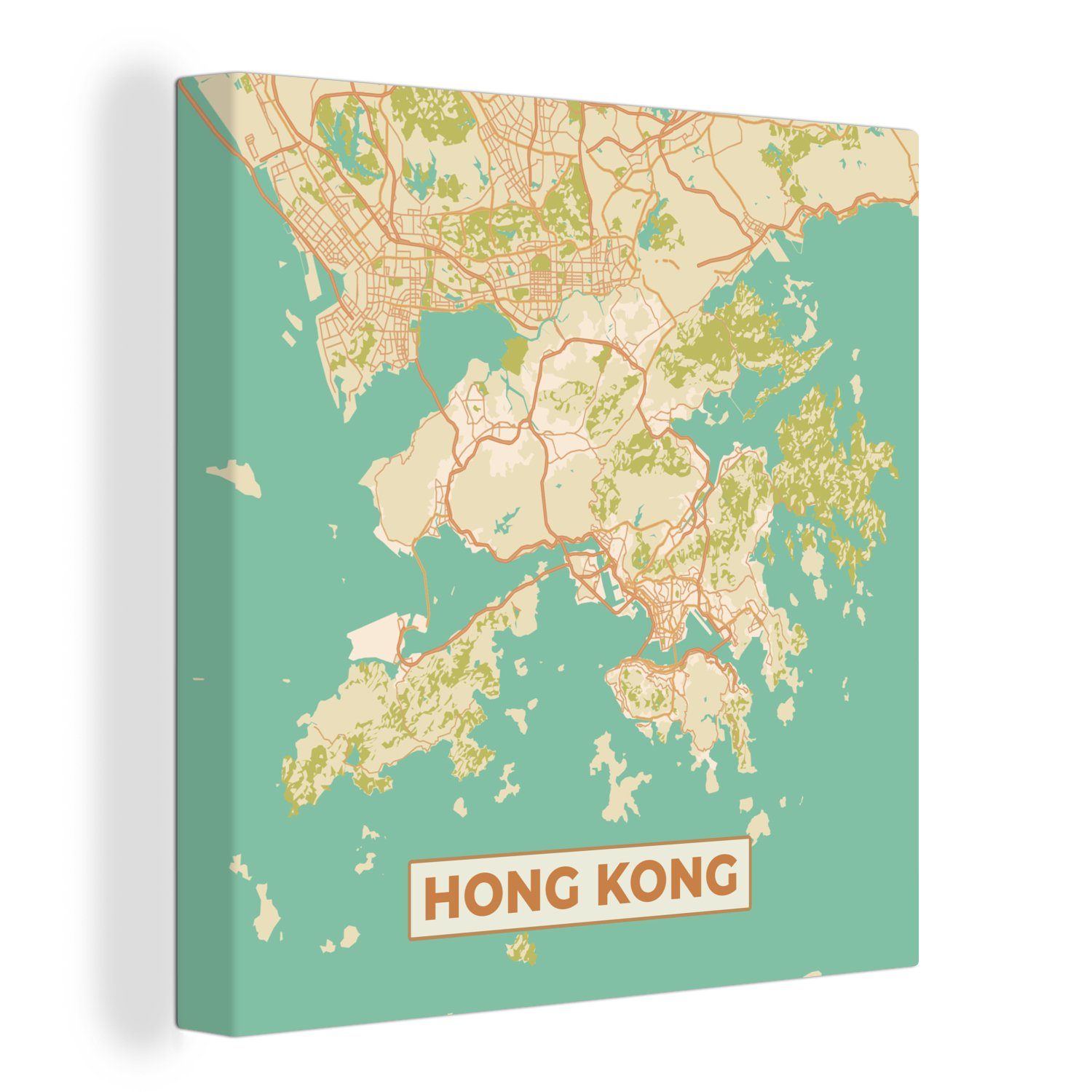 OneMillionCanvasses® Leinwandbild Karte - Hongkong - Stadtplan - Vintage - Karte, (1 St), Leinwand Bilder für Wohnzimmer Schlafzimmer