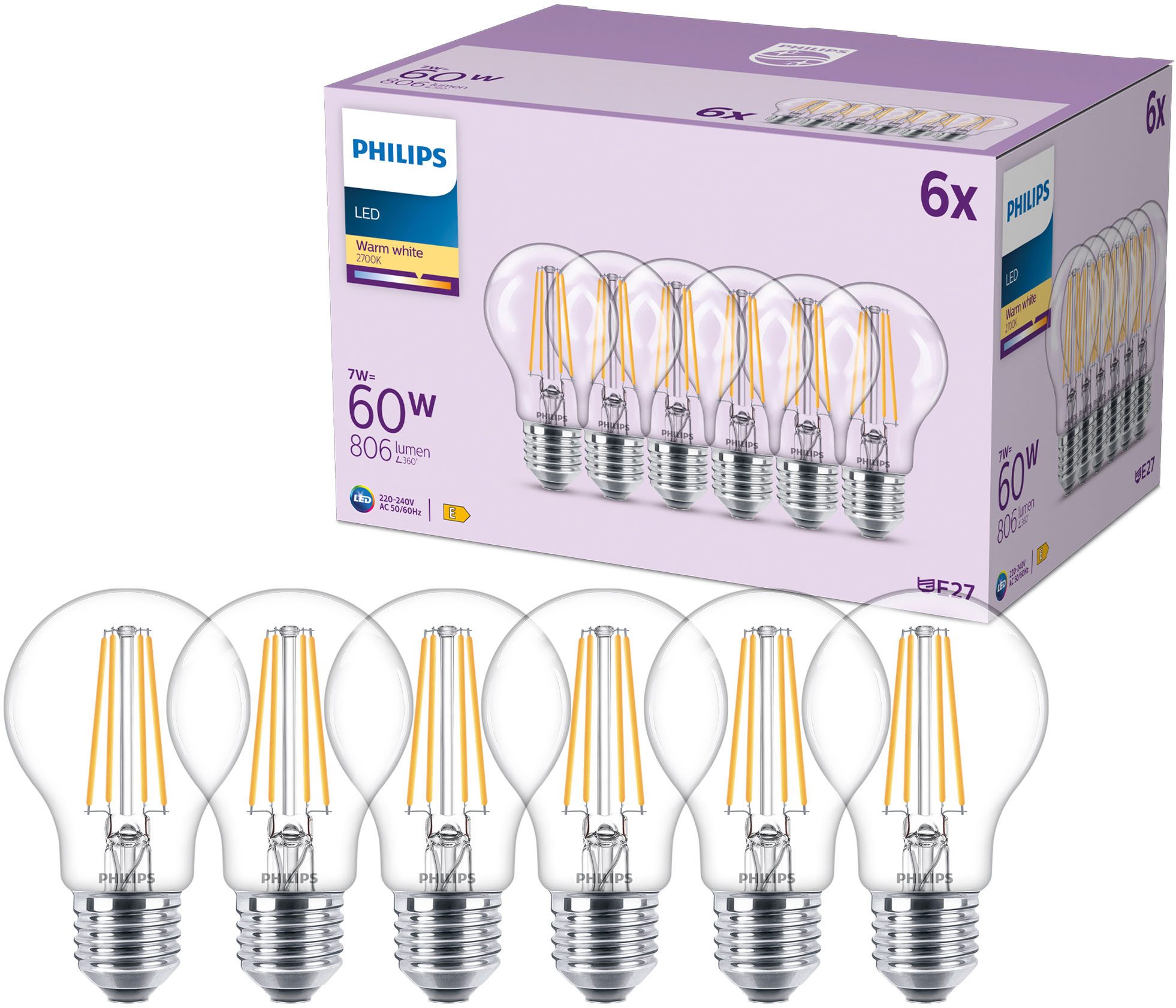 Philips LED-Leuchtmittel Classic 60W Non-Dim, E27, 6 St., Warmweiß günstig online kaufen