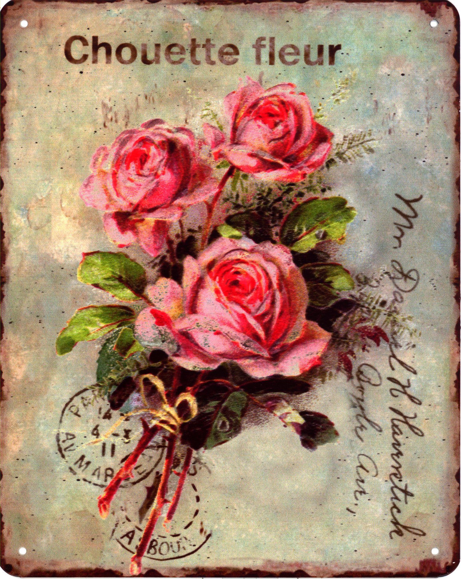Metallschild Blechschild Chouette fleur Rosen