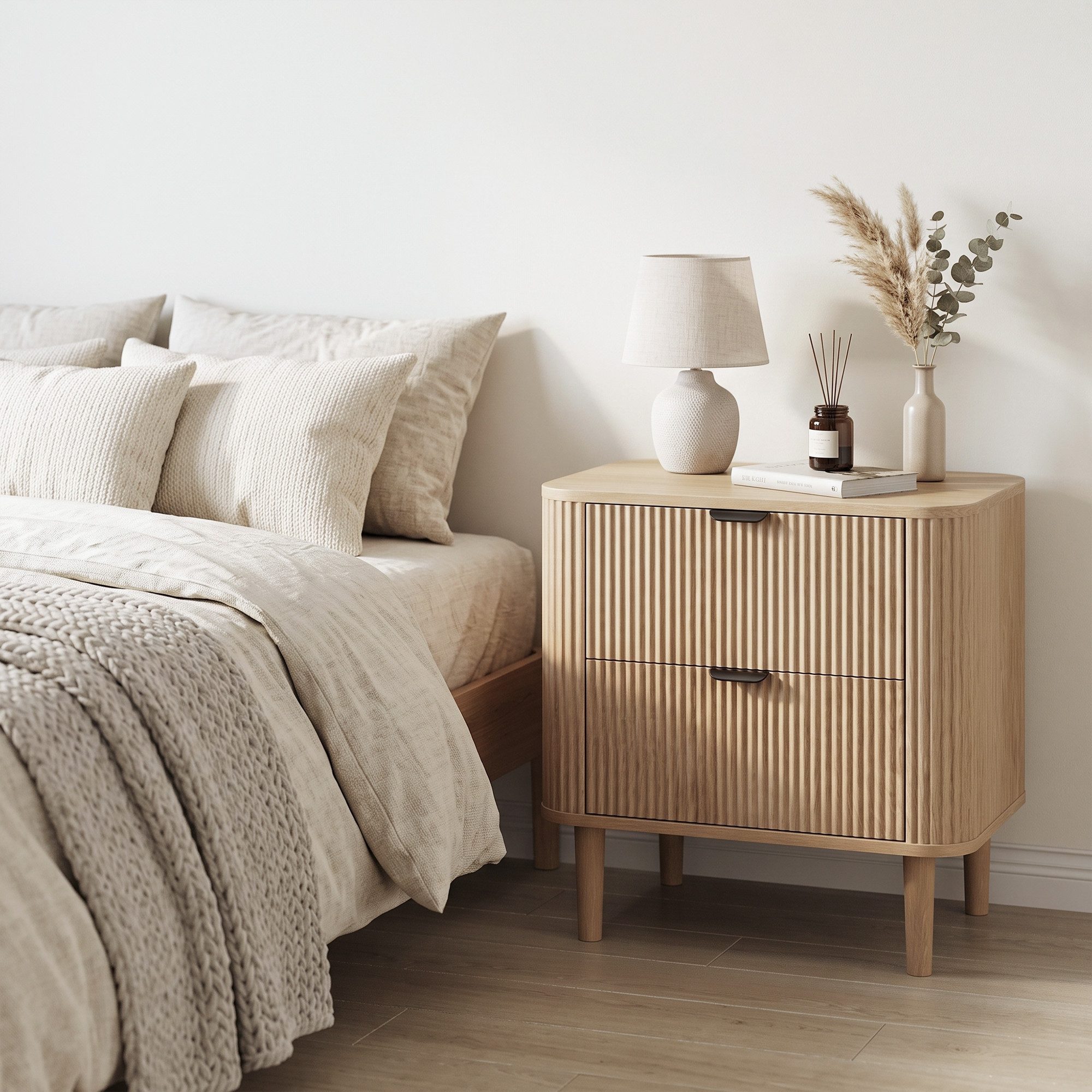 Celya Nachttisch aus Holz mit Rillenstruktur und 2 Schubladen (1er-set, geschwungener Nachttisch, Aufbewahrungsmöbel fürs Schlafzimmer) – Bild 5 von 5