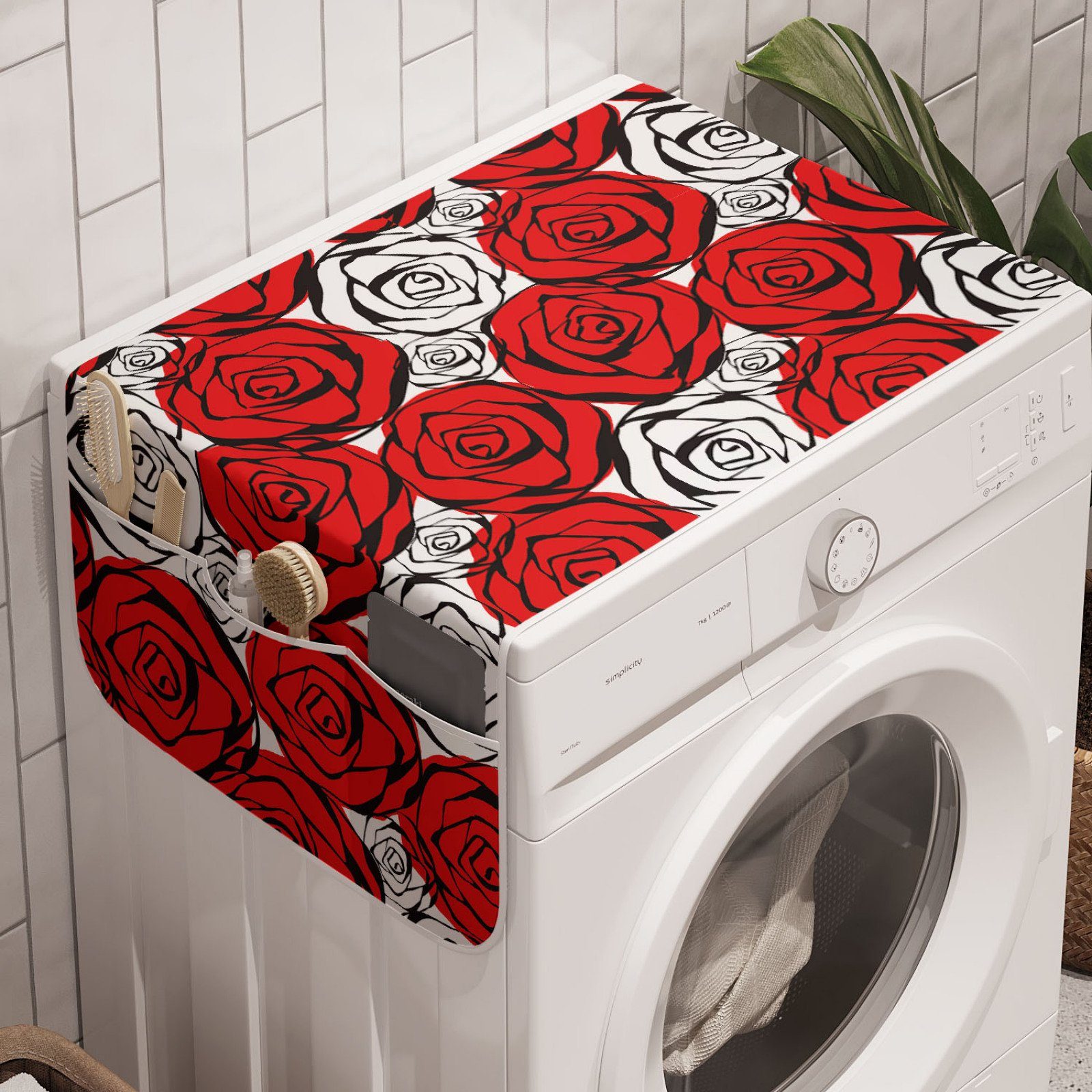 und Trockner, Badorganizer Roses Abakuhaus Waschmaschine Schwarz Konturen für und Anti-Rutsch-Stoffabdeckung Rot