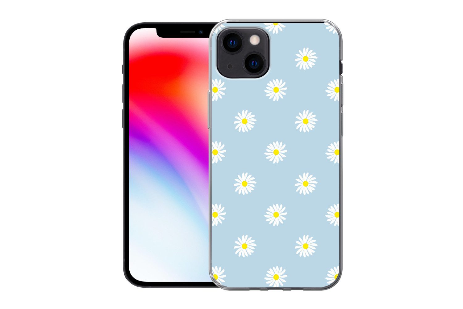 MuchoWow Handyhülle für Apple iPhone 13 Gänseblümchen - Pastell - Weiß - Blau - Blumen, Smartphone-Bumper, Print, Handy Schutzhülle Dünn