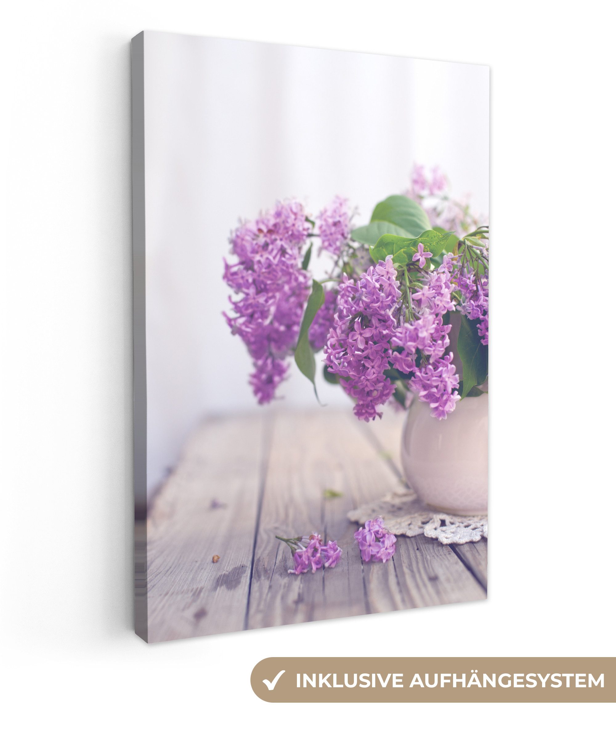 OneMillionCanvasses® Leinwandbild Vase mit einem lila Flieder auf dem Tisch, Fotodruck (1 St), Leinwand Canvas Wandbild, Wanddekoration 20x30 cm