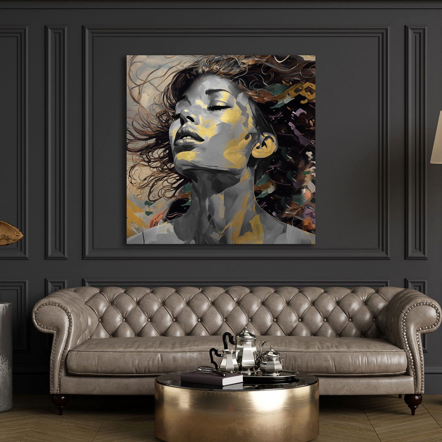 Artedinoi Leinwandbild Frau Blattgold Akzente modern Leinwandbild Wandbild XXL Deko, Frau mit Goldakzenten