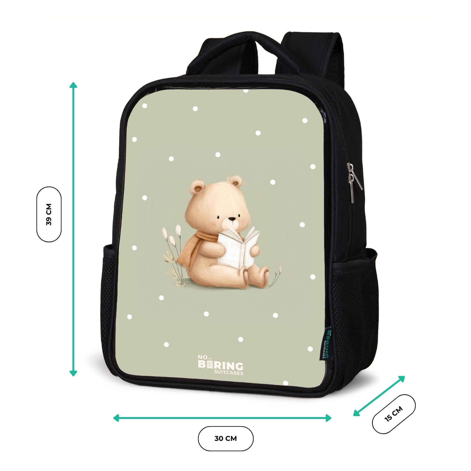 NoBoringSuitcases.com© Rucksack Ein Braunbär liest ein Buch - Grün, Kinderrucksack Schwarz, Schulrucksack, Freizeitrucksack Jungen Mädchen