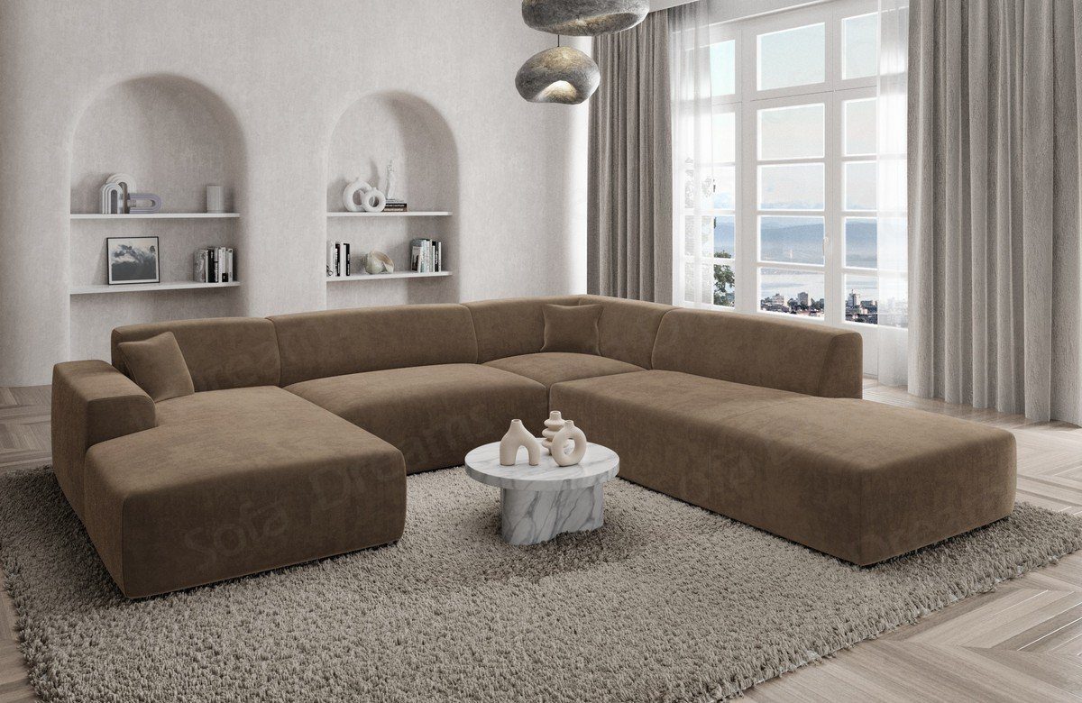 Sofa Dreams Wohnlandschaft Polster Lounge U Loungesofa Designer Samtstoff hellbraun09 Mallorca Stoffsofa, Sofa U-Form