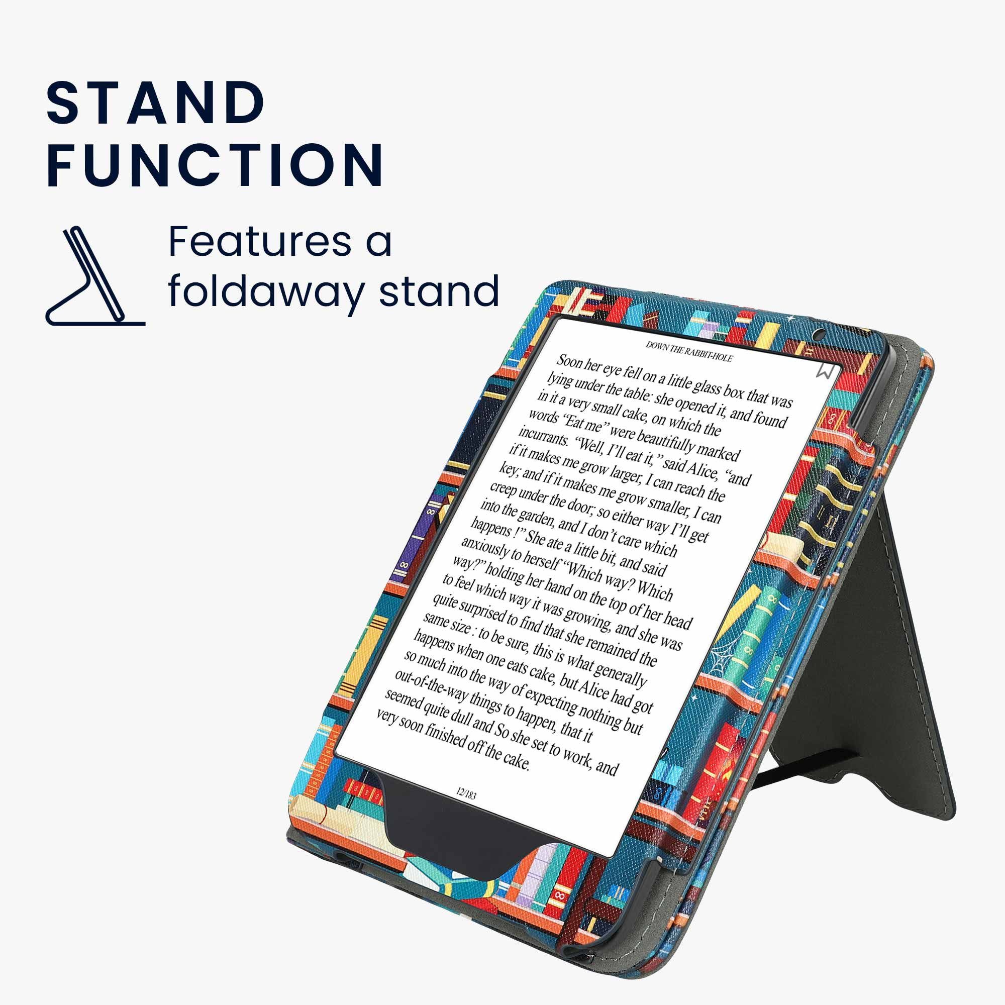 kwmobile E-Reader-Hülle Flip Schutzhülle für Kobo Clara BW / Clara Colour / Tolino Shine (5), Handschlaufe - Cover Bibliothek Motto Design – Bild 5 von 5