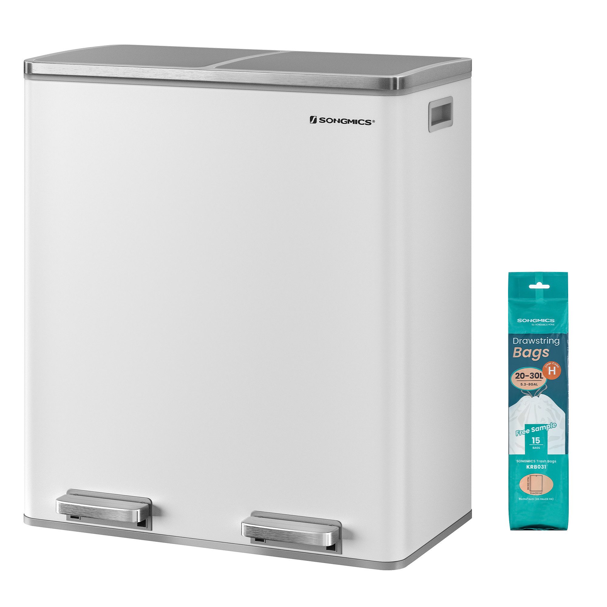 SONGMICS Mülleimer 60L, 2 Fächer, Mülltrennsystem, Treteimer, 15 Müllsäcke, 2x30L, Inneneimer aus Kunststoff, Klappdeckel, Softclose, luftdicht