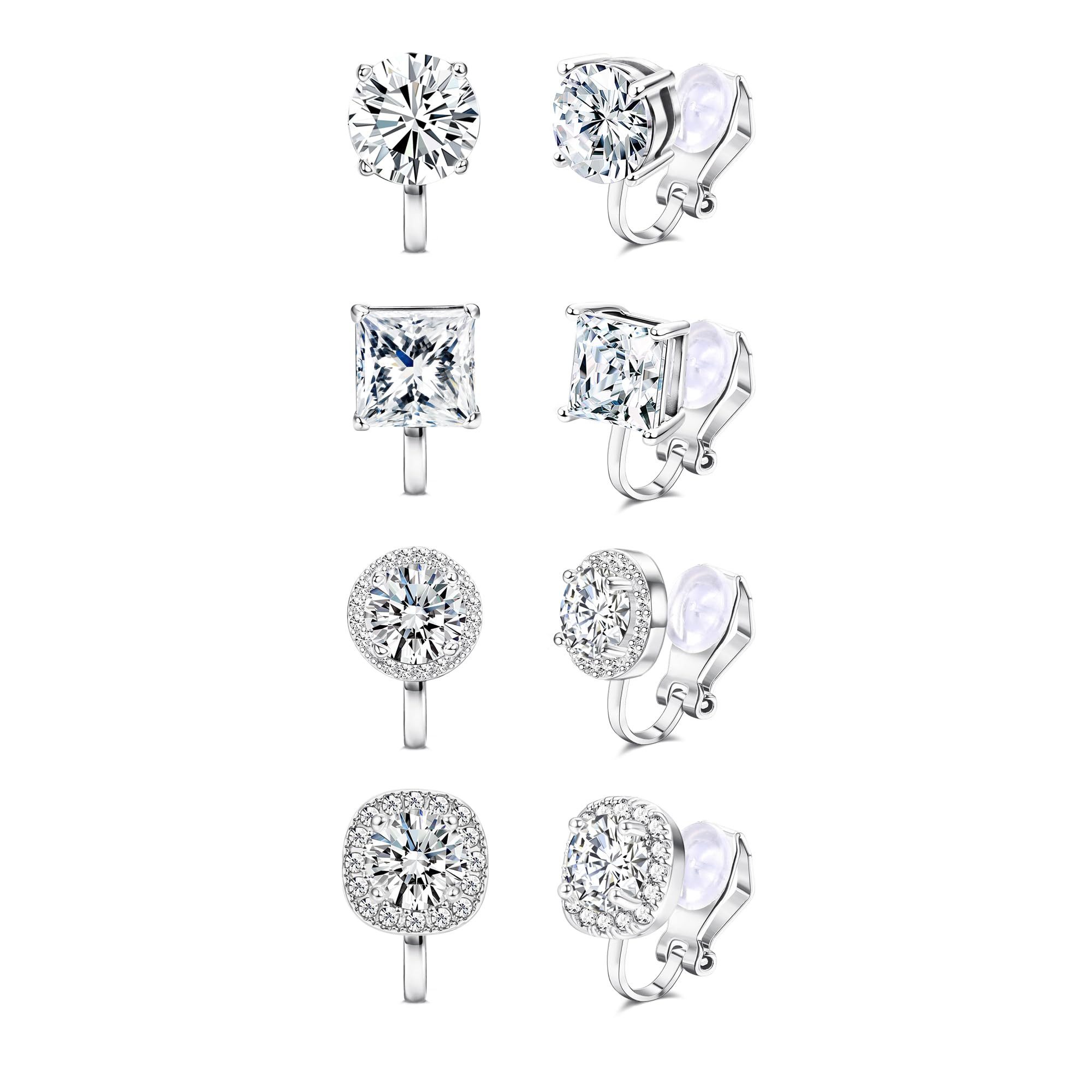 MOPUEA Paar Ohrclips Ohrclips Damen 4 Paar ohne Ohrlöcher Zirkonia mit Polster&Geschenkbox (4 Paar goldfarbene Ohrclips mit Zirkonia und weichen Gummiauflagen Set, Vier Designs rund eckig sowie mit Steinrand für Alltag und Feste dabei), Ohrclips ohne Ohrlöcher mit Klappverschluss Zirkonia und Ersatzpolster