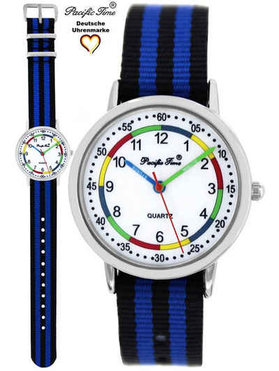 Pacific Time Quarzuhr »Kinder Armbanduhr Lernuhr Textil Wechselarmband blau schwarz 10810«, großes übersichtliches Lernzifferblatt - Kostenloser Versand