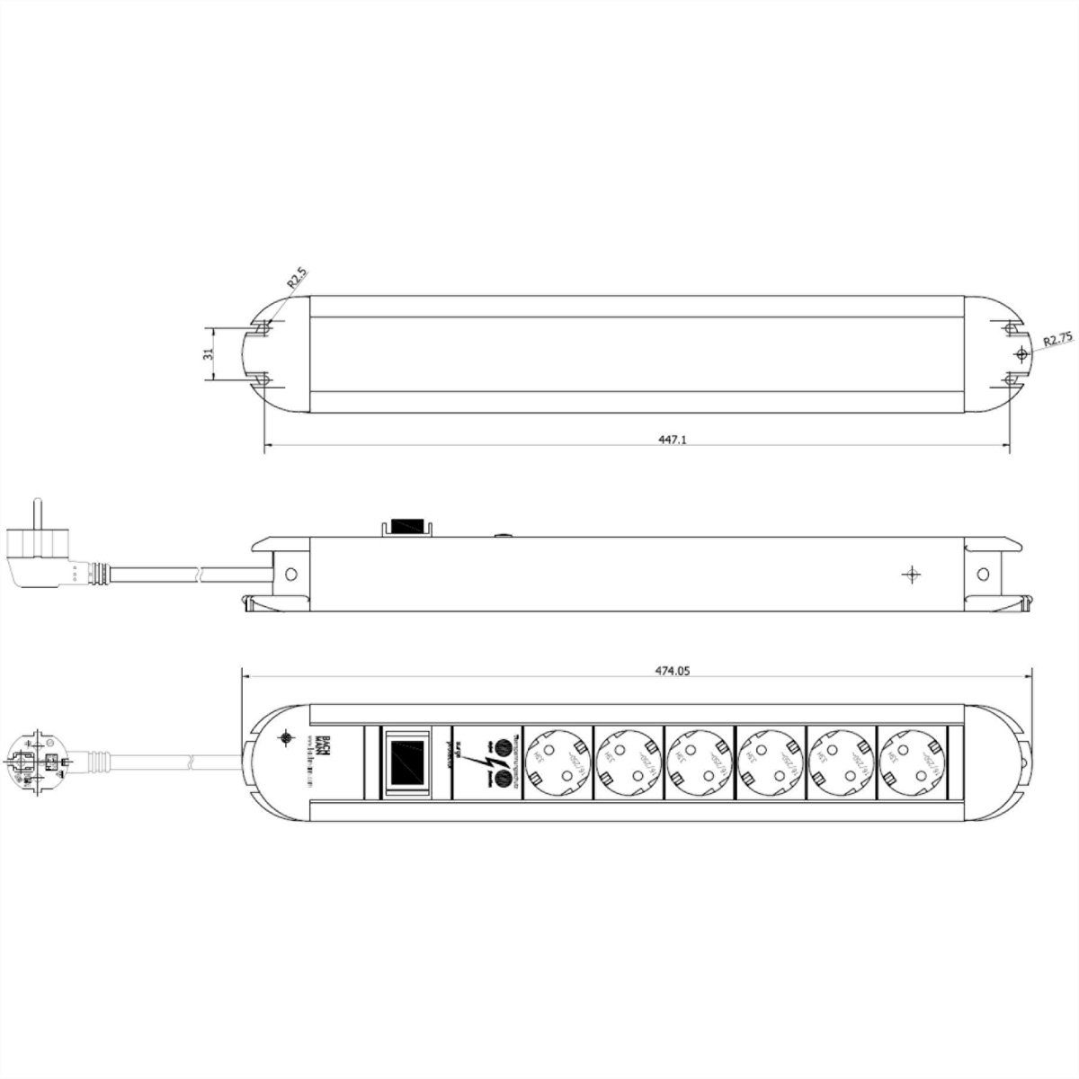 Bachmann PRIMO Steckdosenleiste Steckdosenleiste (Kabellänge 1.75 m), 6x Schutzkontakt, Überspannungsschutz, Aluminium, Schalter, 331.013