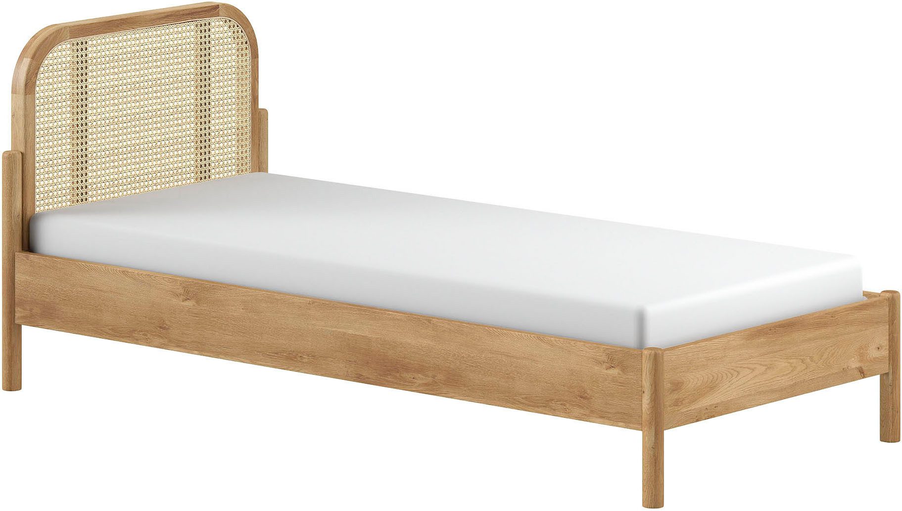 Home affaire Einzelbett mit massiven Bettpfosten und furnierten Bettseiten, 90/200 inkl. Lattenrost und trendigem Rattankopfteil