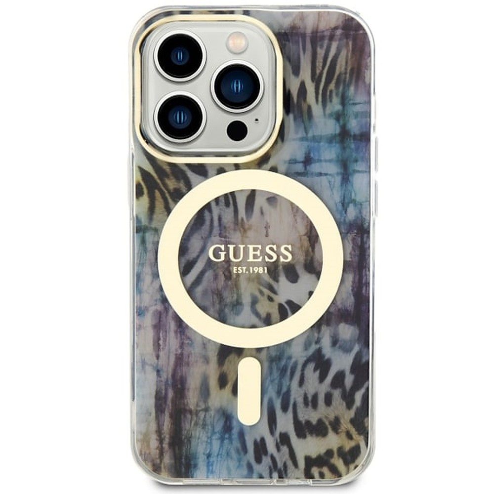 Guess Handyhülle Schutzcover Magnethülle Leopardenoptik 6,1 Zoll, MagSafe-Magnetring, Leopardenmuster, erhöhter Rand