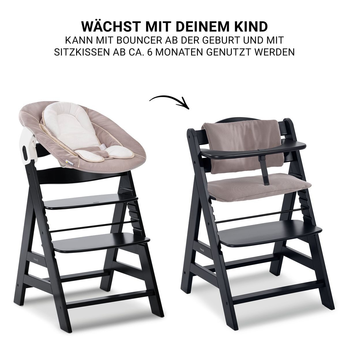 Hauck Hochstuhl Alpha Plus Black Newborn Set - Stretch Beige (Set), Holz Babystuhl ab Geburt inkl. Aufsatz für Neugeborene & Sitzauflage – Bild 4 von 5