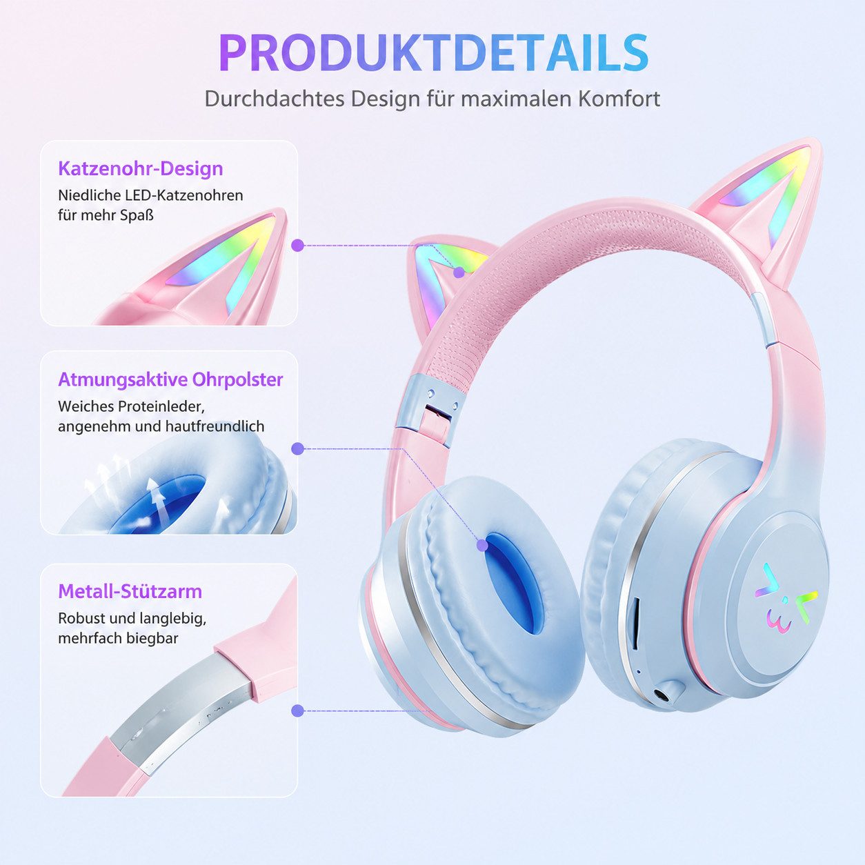 ibettertec Over-Ear-Kopfhörer Bluetooth 5.3 LED Katzenohren Faltbares Design Bluetooth-Kopfhörer (Katzenohr-Headset für Mädchen, kompatibel mit Tablet/Computer/Telefon, mit RGB-Lichtern,60 dB Lautstärkebegrenzung, HD Mikrofon)