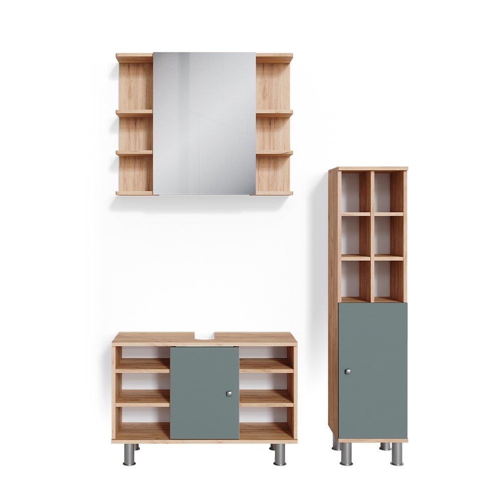 Vicco Badmöbel-Set Fynn, Grün/Goldkraft Eiche, 3 Teile, mit Midischrank Tür groß, (3-er Set, 3-St., 3er Set)