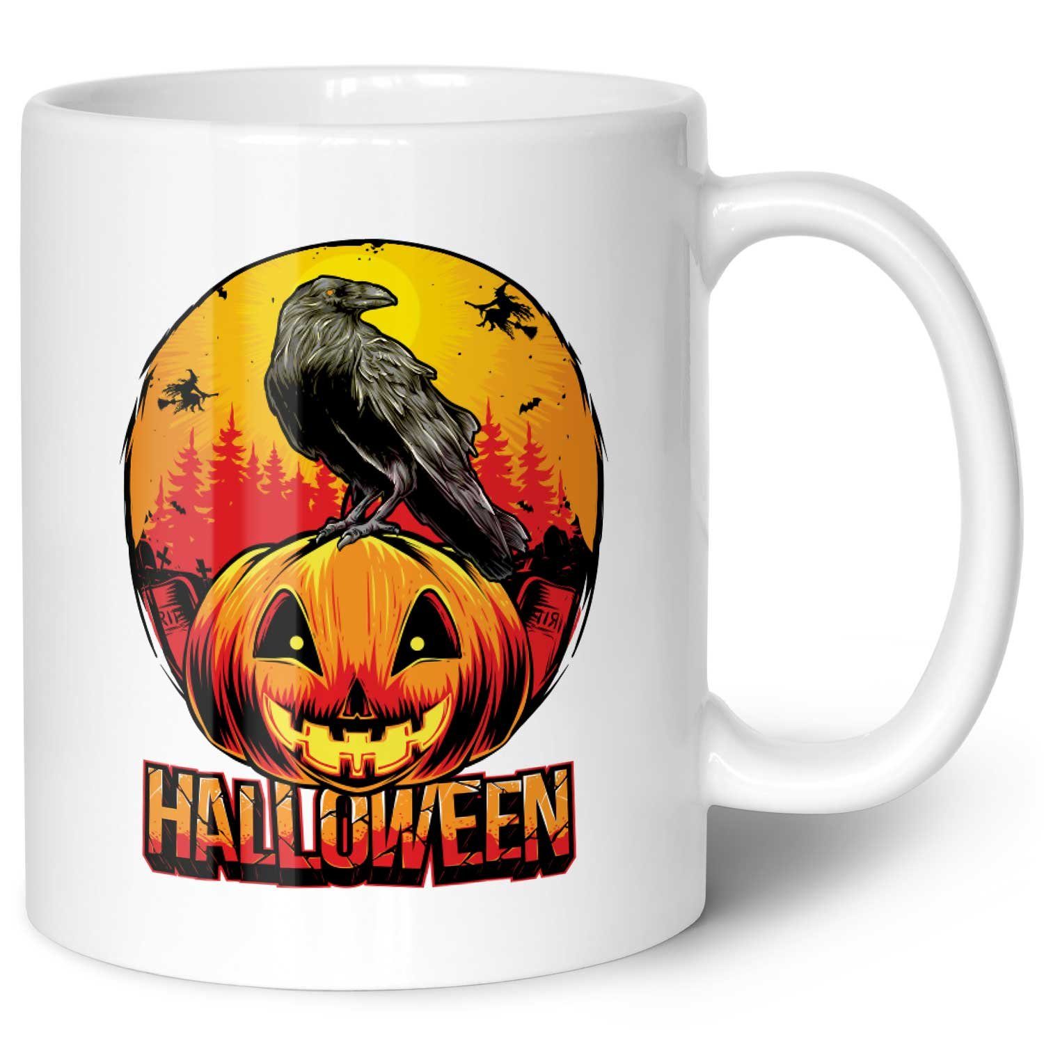 GRAVURZEILE Tasse mit Motiv - Halloween Raben Design - Gechenk -, Keramik, Farbe: Weiß