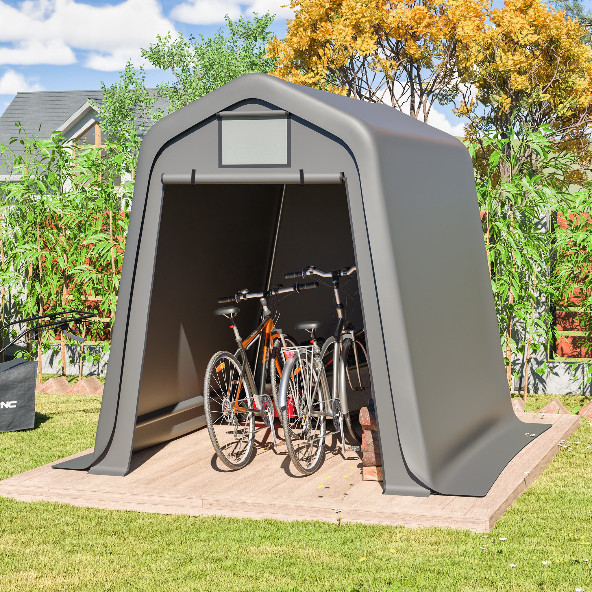 CHICFURN Gerätehaus Geräteschuppen mit Spitzdach aus PE-Material mit Belüftungsfenster, BxT: 183,00x245,00 cm, (Packung, 1 St), UV- & windfest inkl. L-Erdnägel für Motorräder 245x183x217 cm