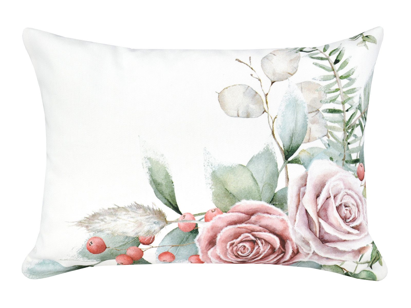 beties Kissenbezug Magie des Winters Frost-Rose, (1 Stück), Rosen Bukett mit feinen Tannenzweigen – elegant & harmonisch