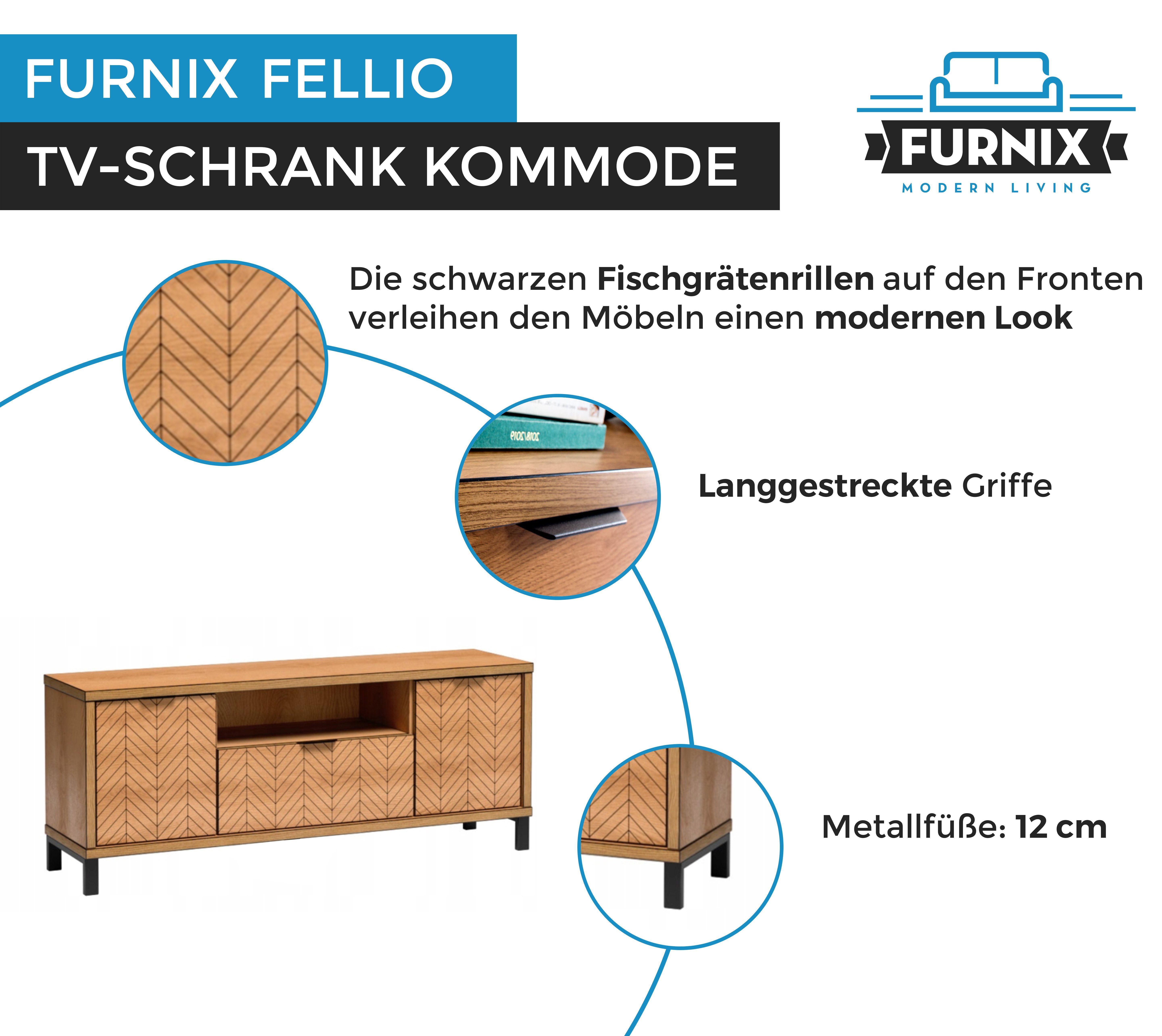 Furnix TV-Schrank FELLIO B117,5 und cm, Design T40,6 interessantes Karamelleiche Metallfüße Schublade H65 Tür x F-7 x