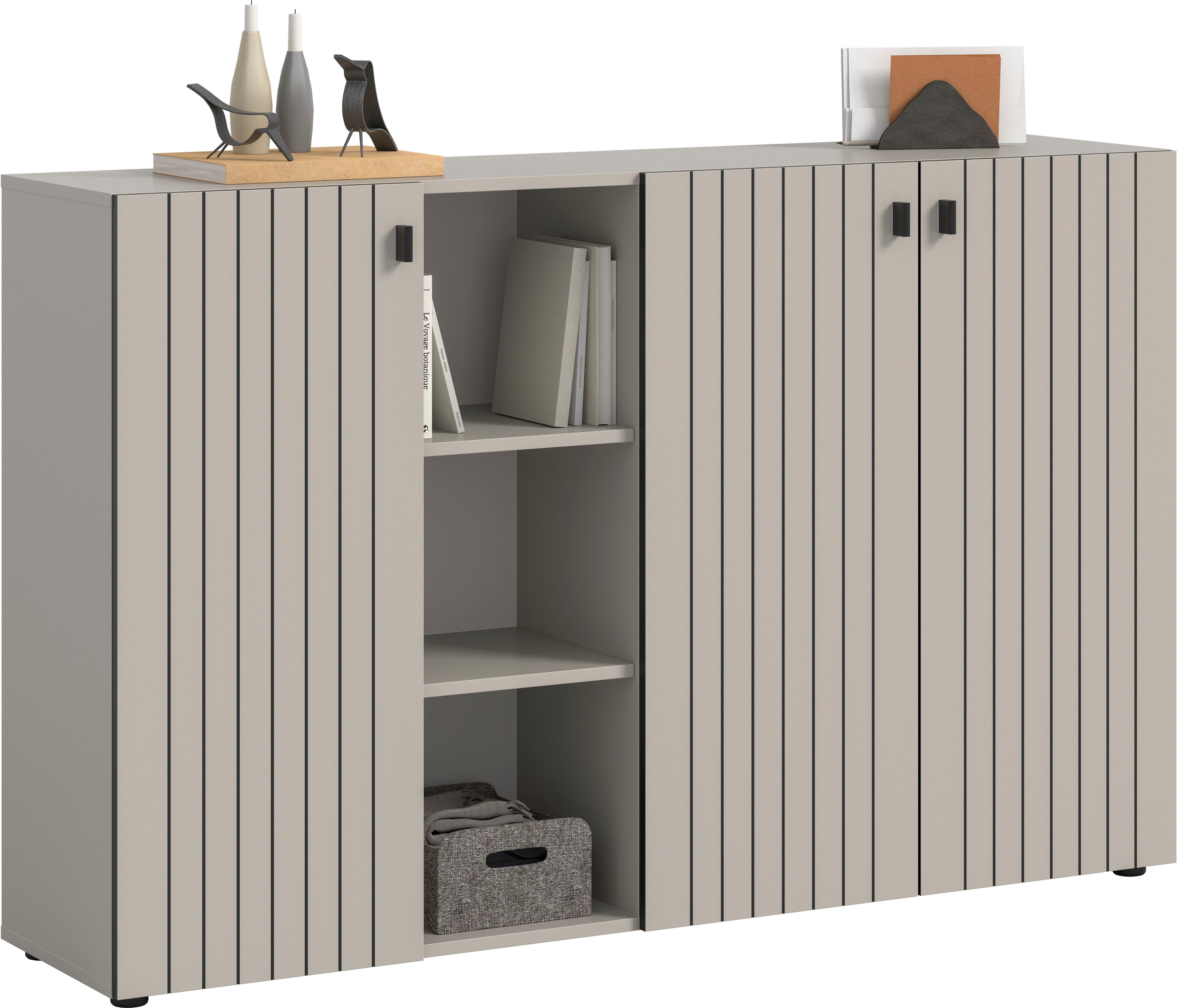 Home affaire Schuhschrank TATIO, Breite 150 cm, Rillenoptik, offene Fächer, 3 Türen (1-St) Garderobenschrank, Flurkommode, Kommode, Schuhschrank