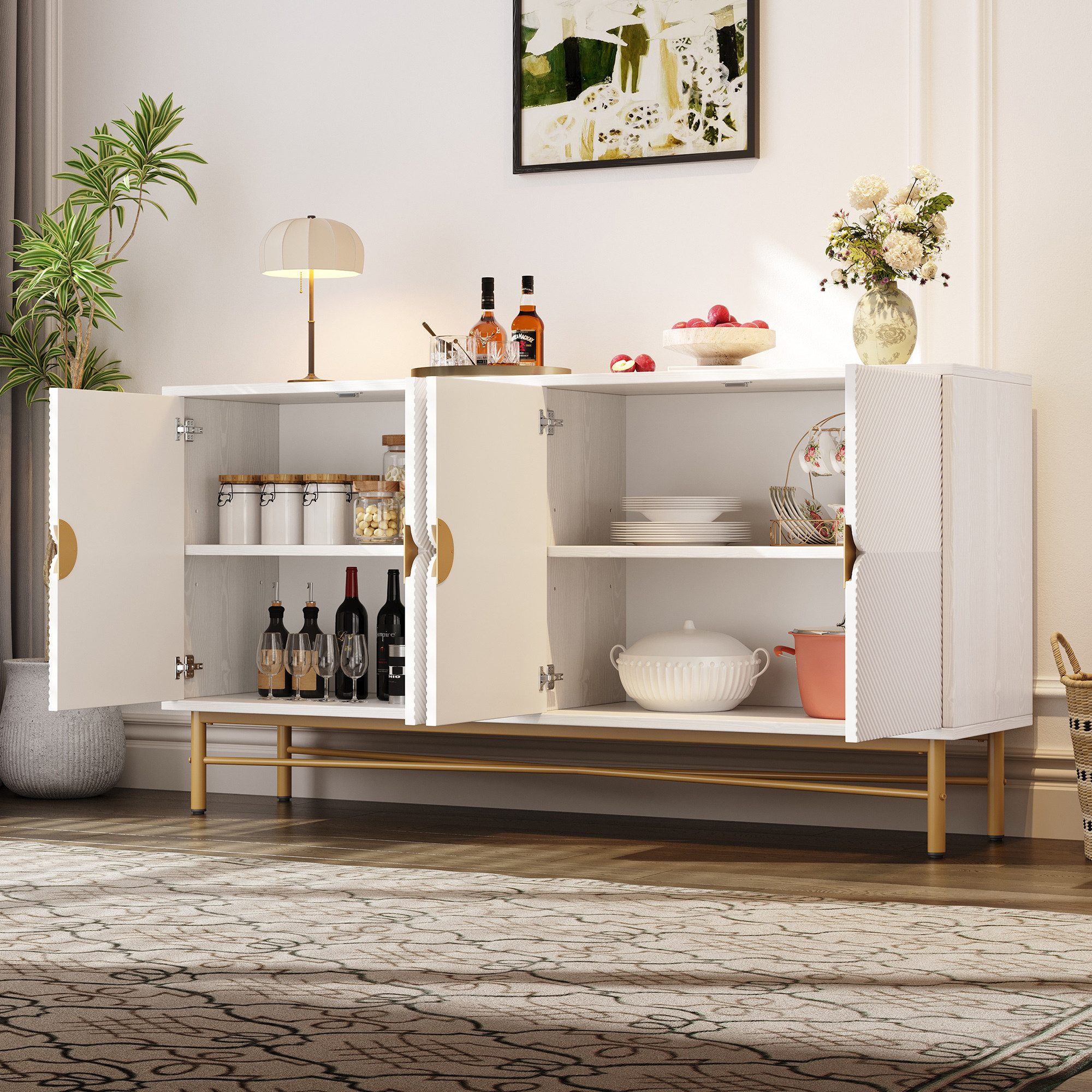 STILVORA Sideboard mit Hochglanz,Beistellschrank Aufwahrungsschrank mit goldenen Beinen (Sideboard Hochglanz 160 cm mit Goldgriffen & Soft-Close – Viel Stauraum & Strukturfront)