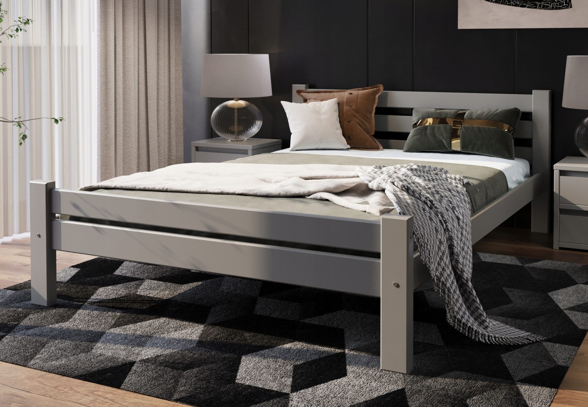 Home Collective Bettgestell Massivholzbett, Einzelbett mit Lattenrost & sicherem Lack, 210x152x72 cm, Grau