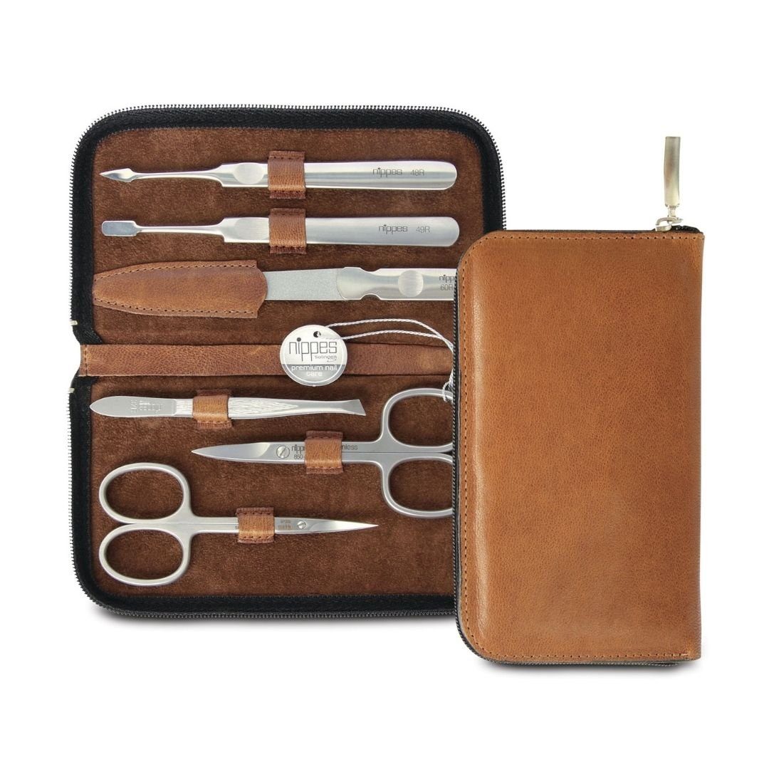 nippes Solingen Maniküre-Etui Premium-Maniküre-Set Whiskey, 6-teilig aus Rostfreiem Edelstahl, 6 tlg., aus echtem Leder