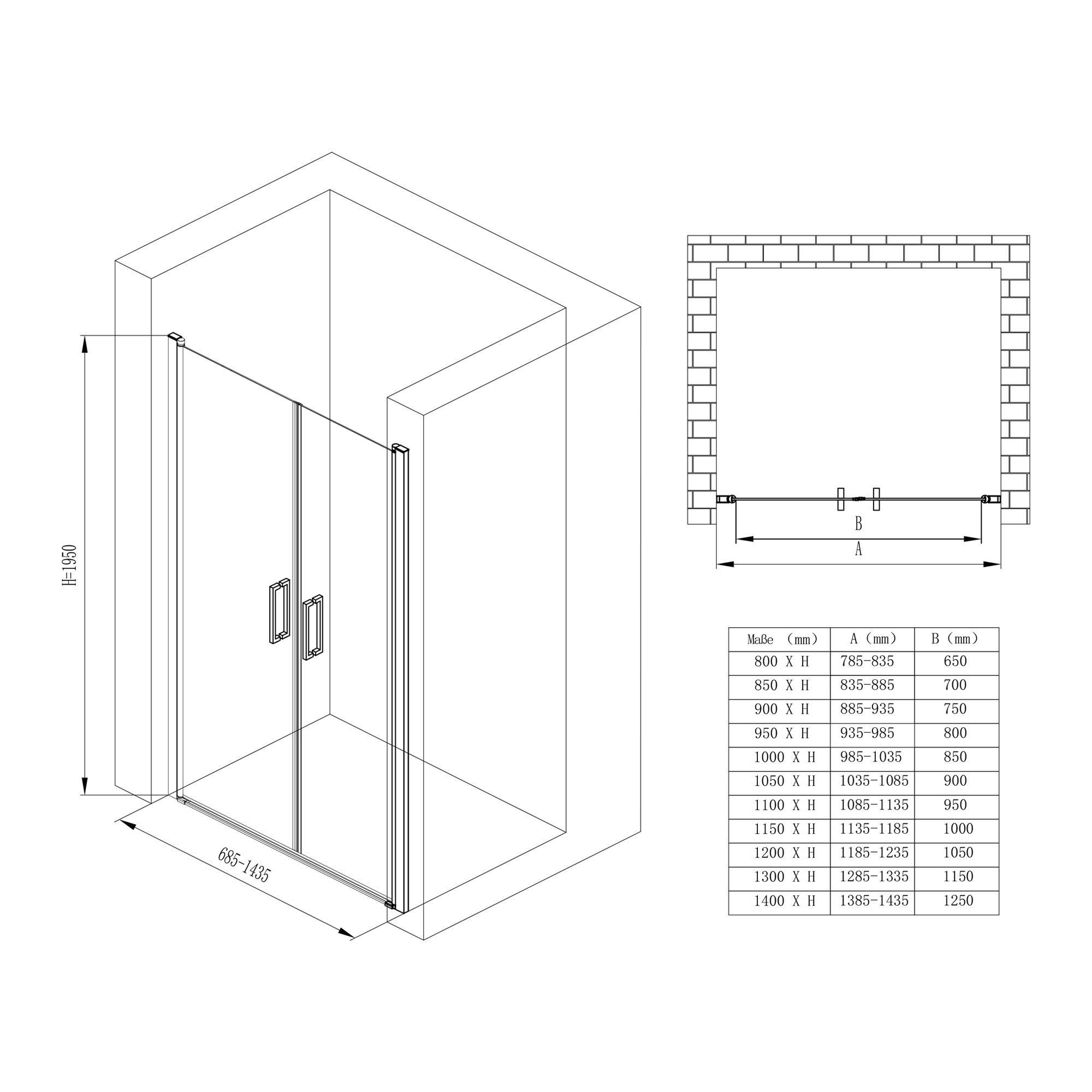 doporro Shower Pivot Door, Shower Door, Niche Door, Shower Enclosure, Shower Cabin Teramo24, 140x195 cm