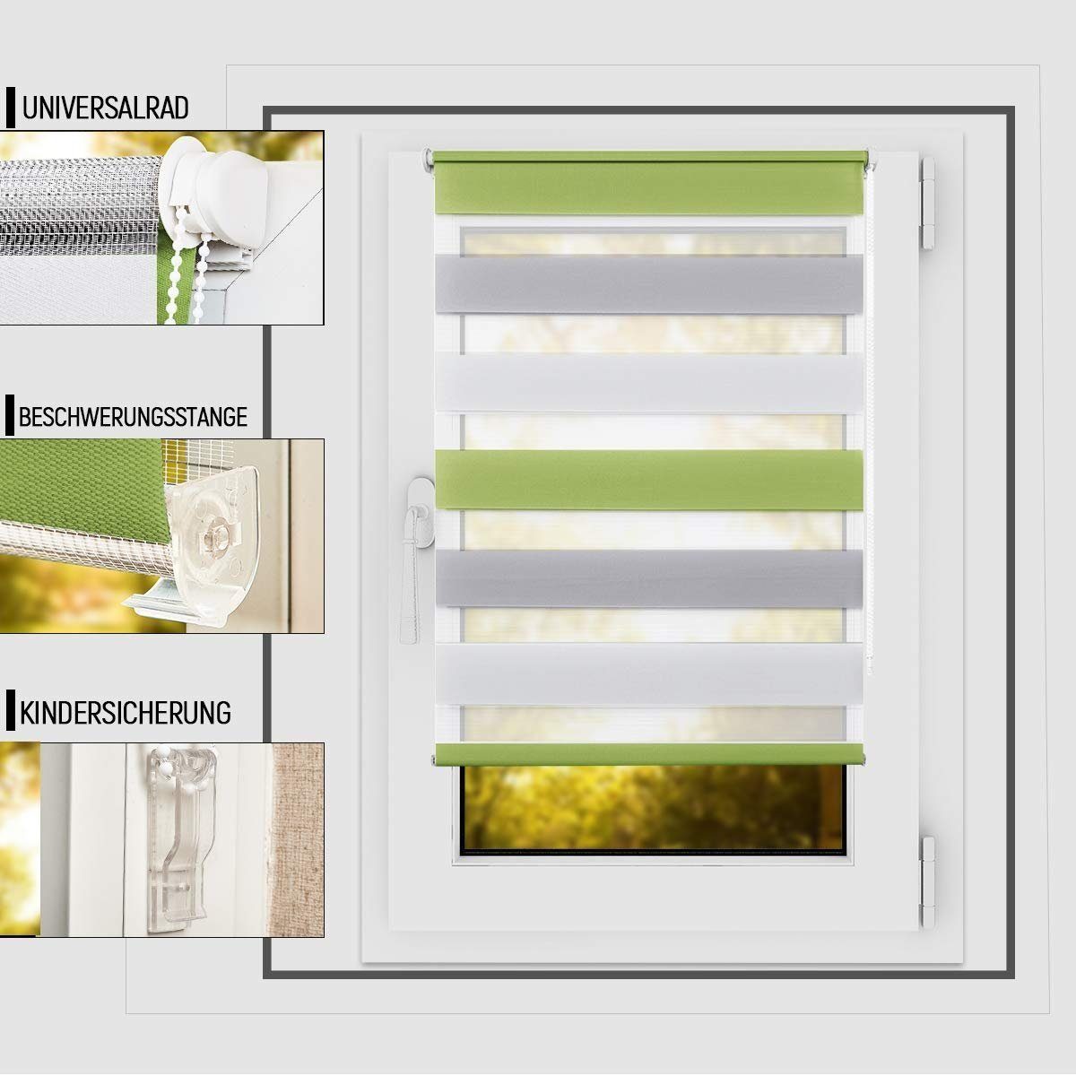 Doppelrollo doppelrollo Klemmfix ohne Bohren, OUBO, verdunkelnd, verspannt, Klämmträger, Lichtschutz schnelle und einfache Montage mit beiliegendem