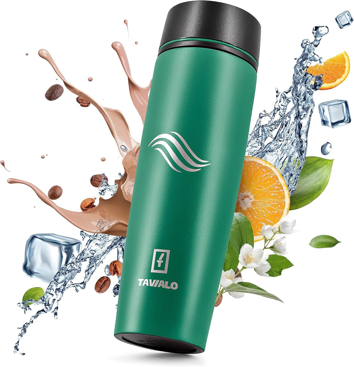 TAVIALO Isolierflasche 460ml smaragdgrün matt Inox Edelstahl,Pulverbeschichtung, Kaffeebecher, ideal für Reisen, Schule, Camping, Wanderungen, beim Sport