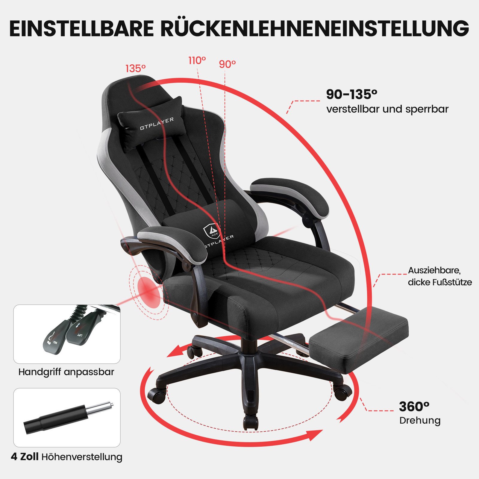 GTPLAYER Gaming-Stuhl Gaming Stuhl Stoff, Gaming Sessel mit Taschenfederkissen, Drehstuhl, Gamer Stuhl mit Fußstütze150 kg – Bild 5 von 5