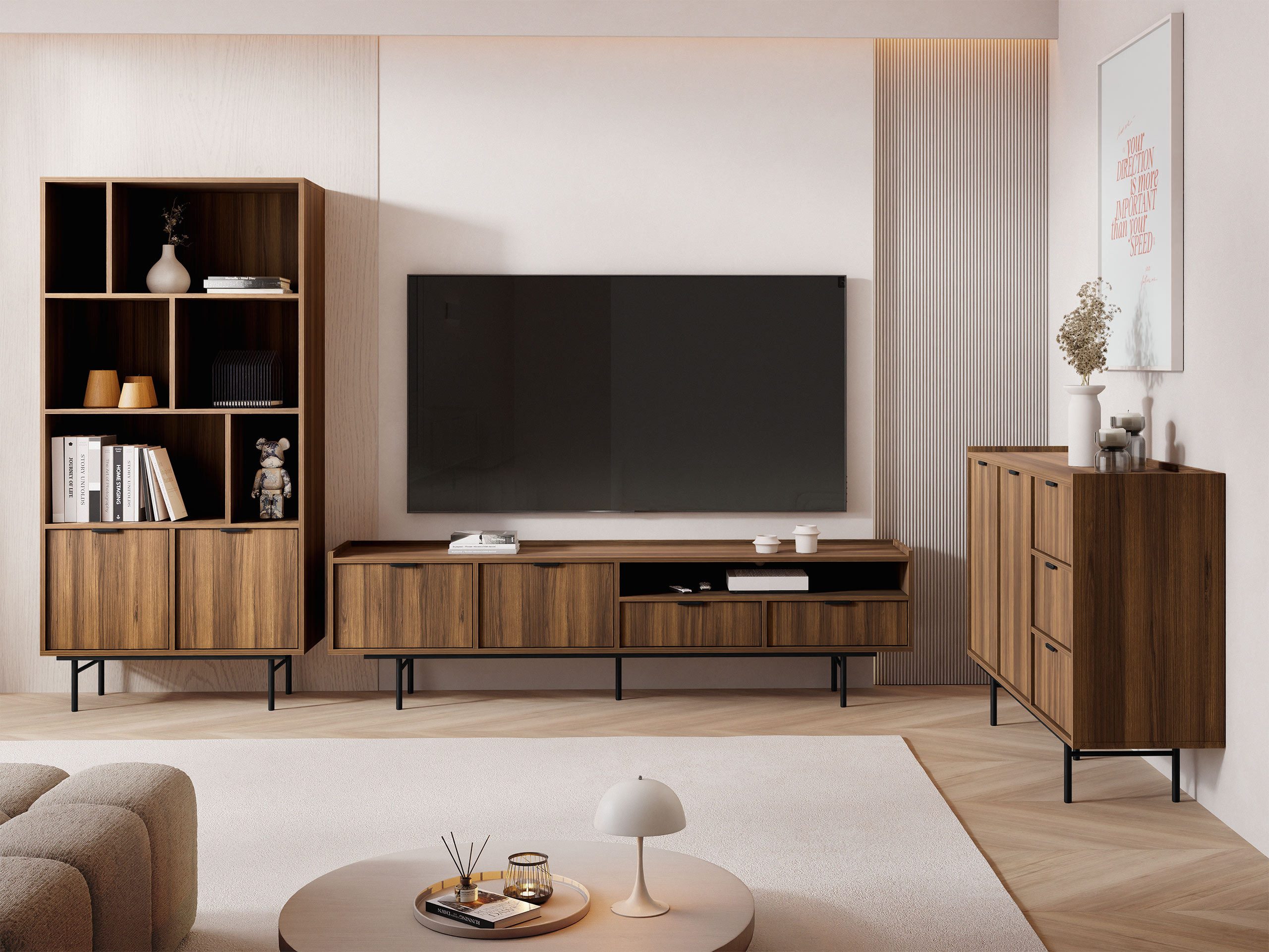 MIRJAN24 Wohnzimmer-Set Edison I, (3er-Set, Kommode, Regal, TV-Lowboard), Metallfüße in der Farbe Schwarz